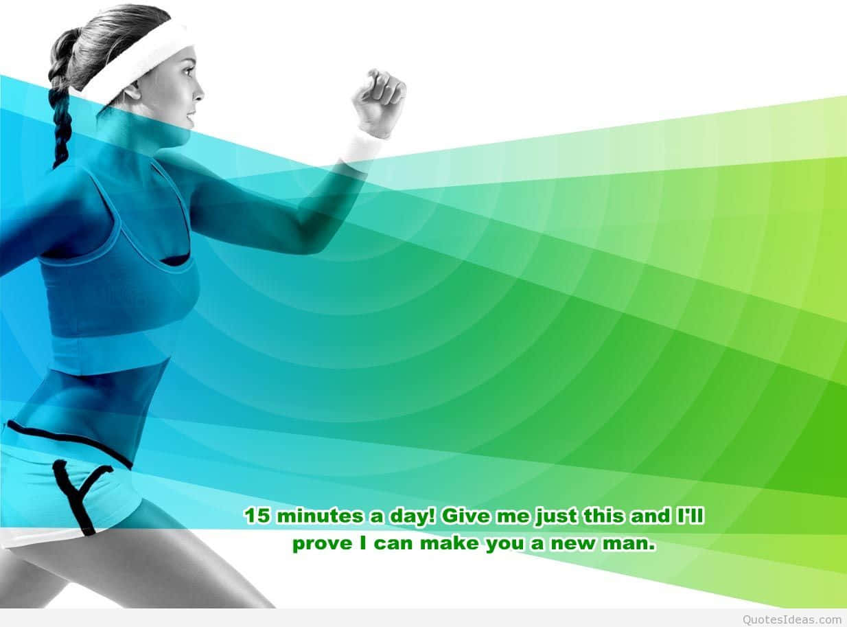 Workout 桌布 壁紙 — 一位堅定的女性穿著運動裝備，在充滿活力的藍綠漸變背景上奔跑，並帶有激勵性文字。