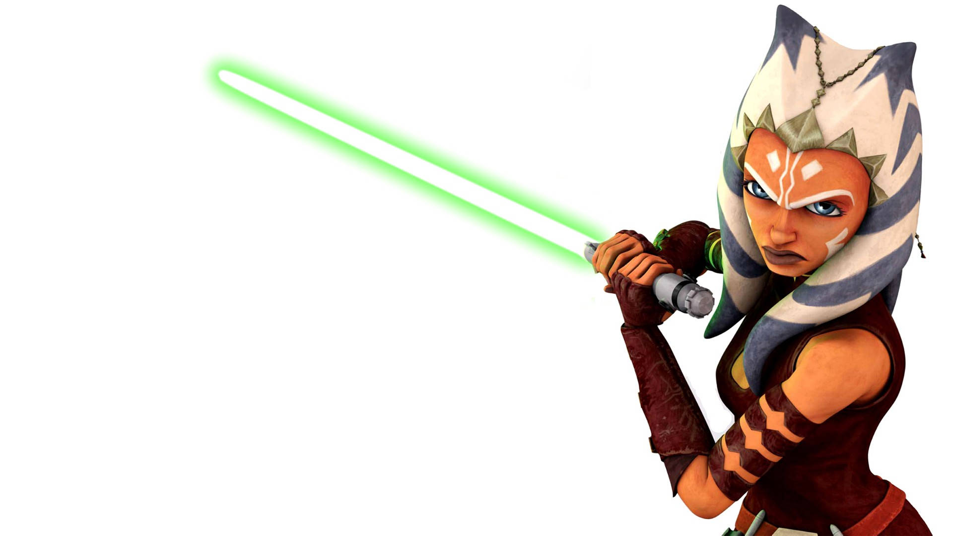 Ahsoka Tano 桌布 壁紙 — 一位堅定的女性絕地武士，藍色眼睛，戴著白藍色頭巾，在純白背景下揮舞著發光的綠色光劍。