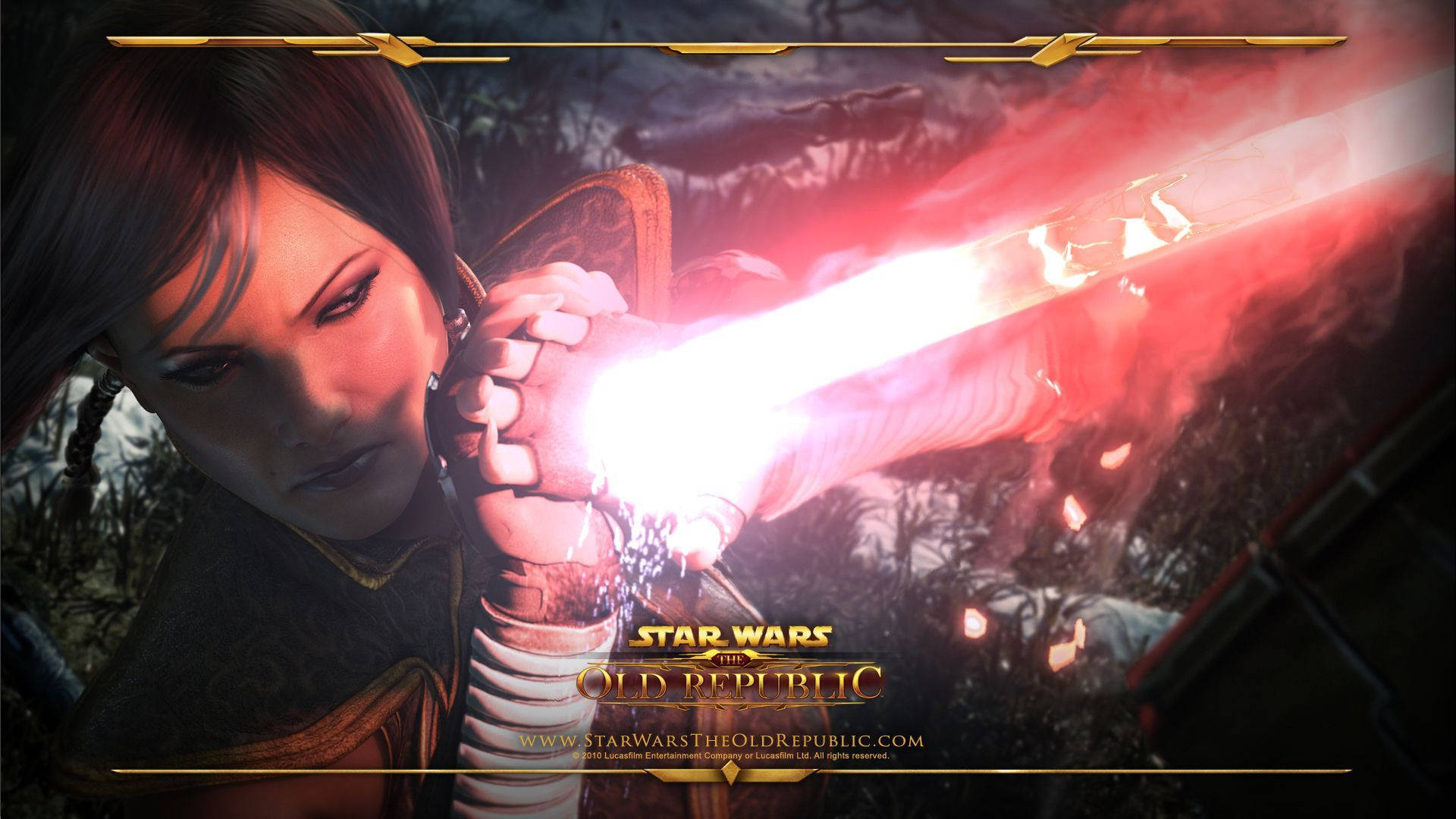 Swtor 桌布 壁紙 — 一位堅定的女性絕地武士在《星際大戰：舊共和國》的黑暗森林戰鬥場景中揮舞著發光的紅色光劍。