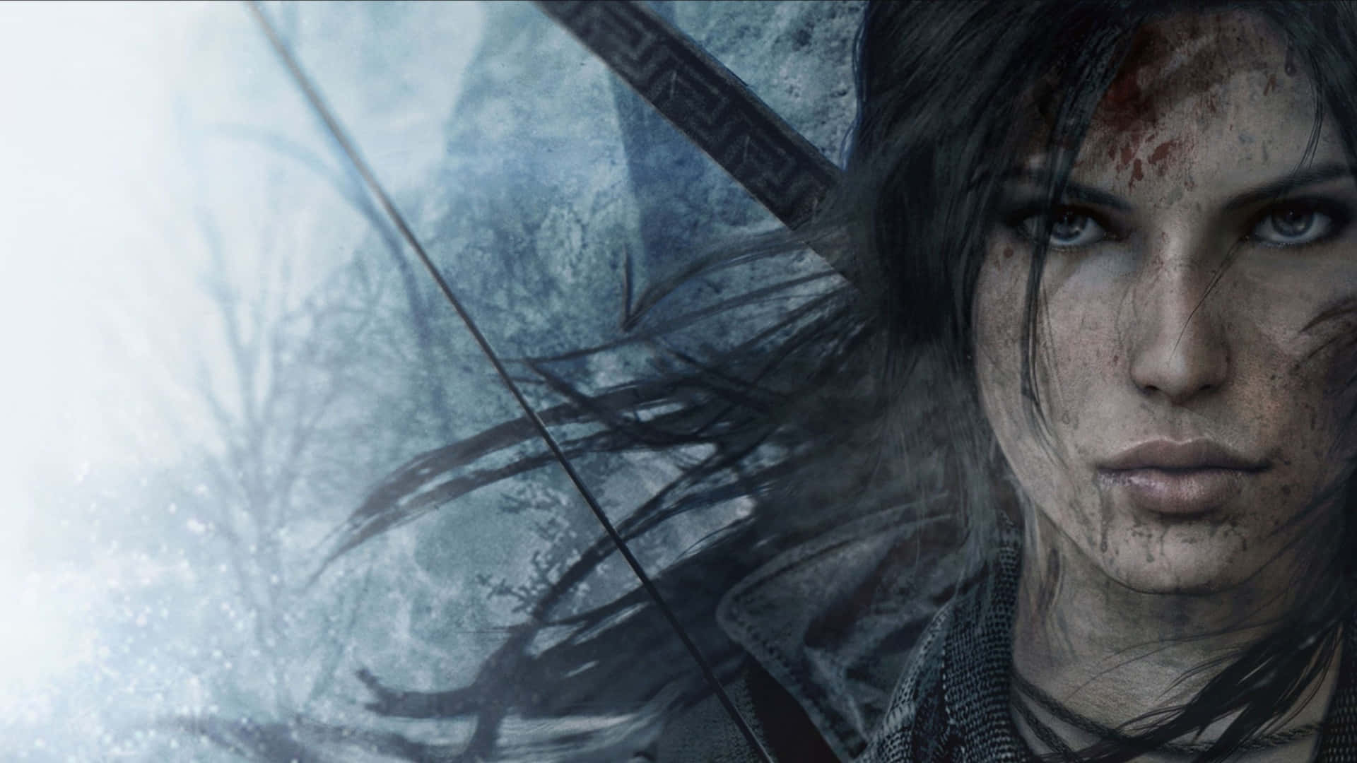 Lara Croft 桌布 壁紙 — 一位堅定的女戰士，臉上沾滿鮮血，手持弓箭，在雪林迷霧中凝視。