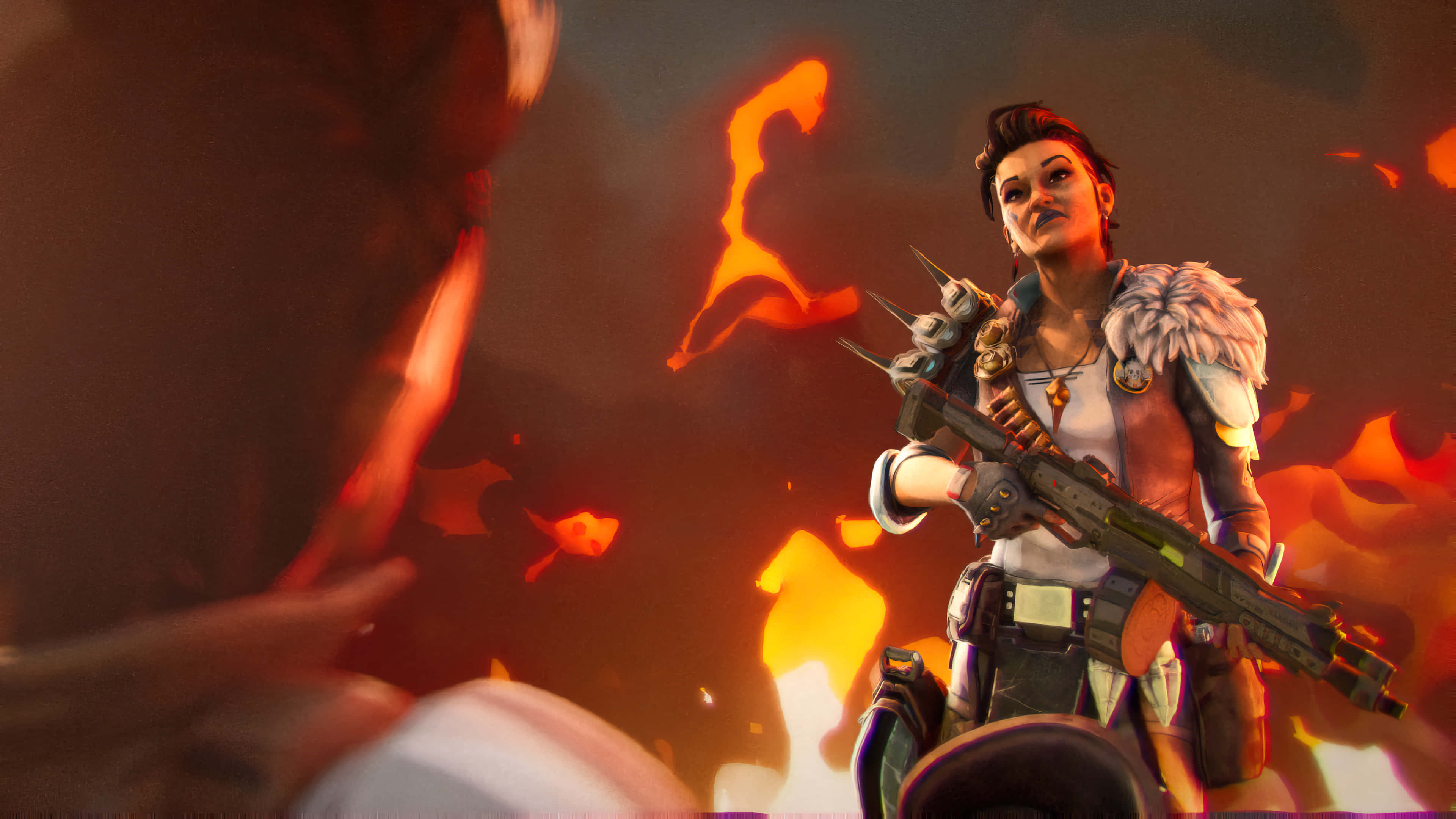 Apex Legends Characters 桌布 壁紙 — 一位堅定的女戰士，身穿毛邊外套，手持步槍，在熾熱的橙色熔岩背景下挑釁地站立。