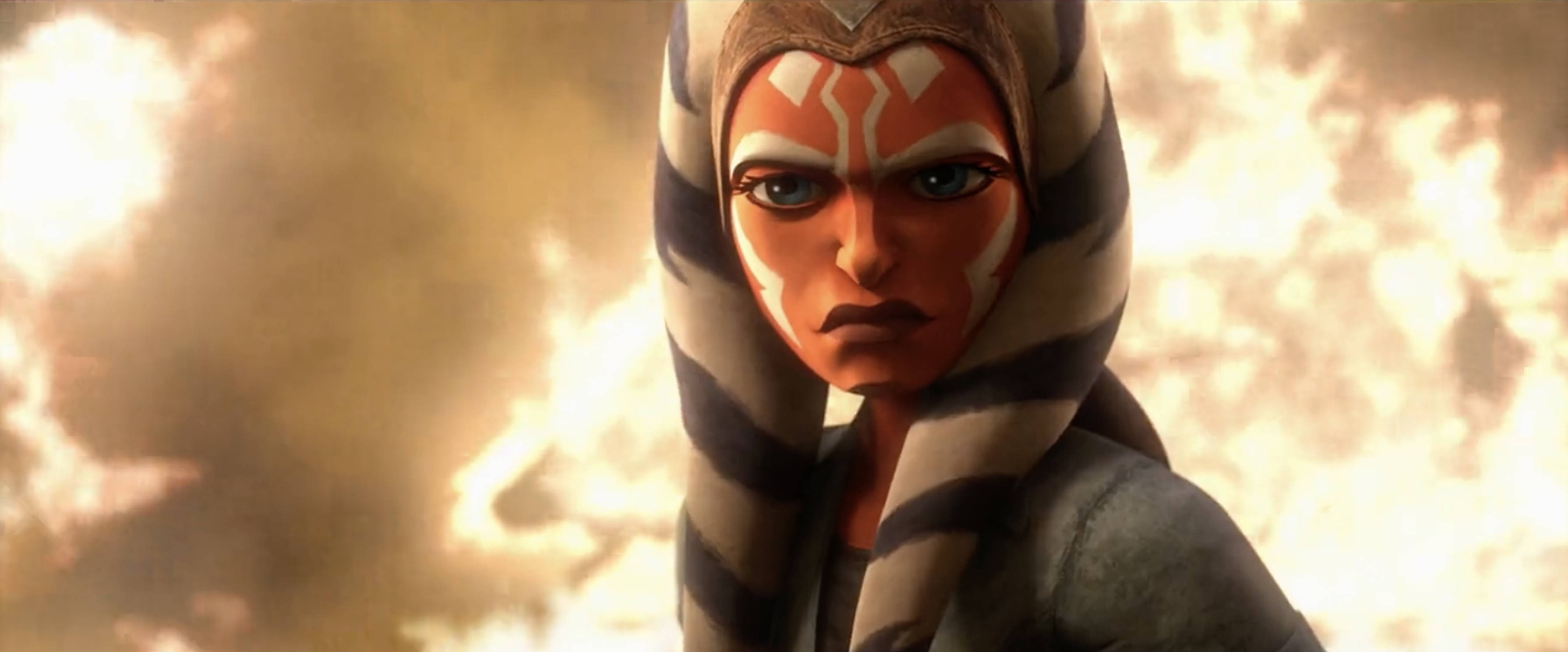 Jedi 桌布 壁紙 — 一位堅定的女戰士，頭戴條紋頭巾，臉上塗著橙色顏料，在火燒雲的天空下凝視著。
