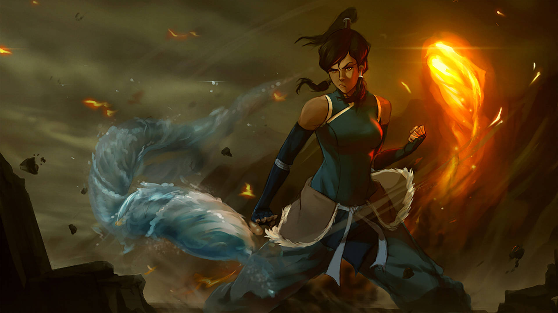 Korra 桌布 壁紙 — 一位堅定的女戰士在墜落的碎片中，以動態的戰鬥姿態引導藍色水和橙色火焰。