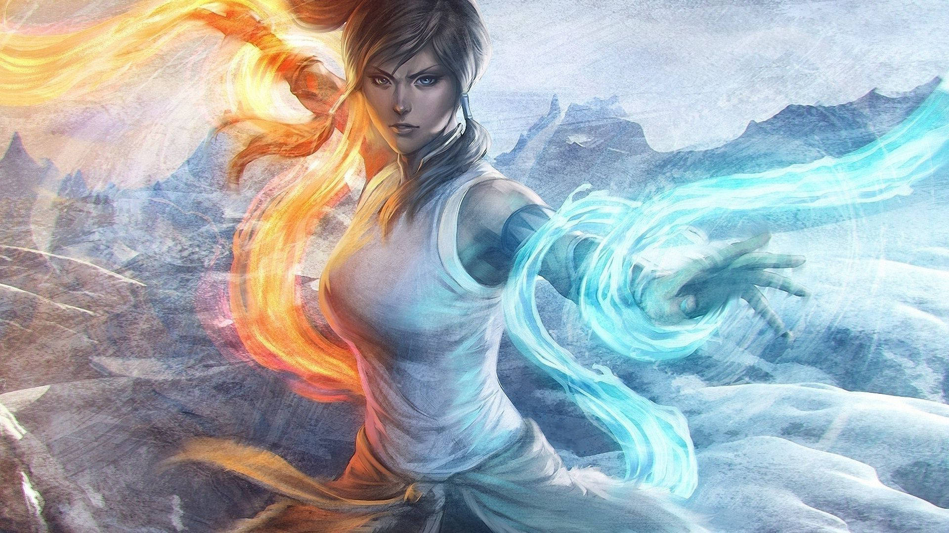 Fire Anime 桌布 壁紙 — 一位堅定的女戰士在雪山背景下引導熾熱的橙色和冰冷的藍色元素能量。