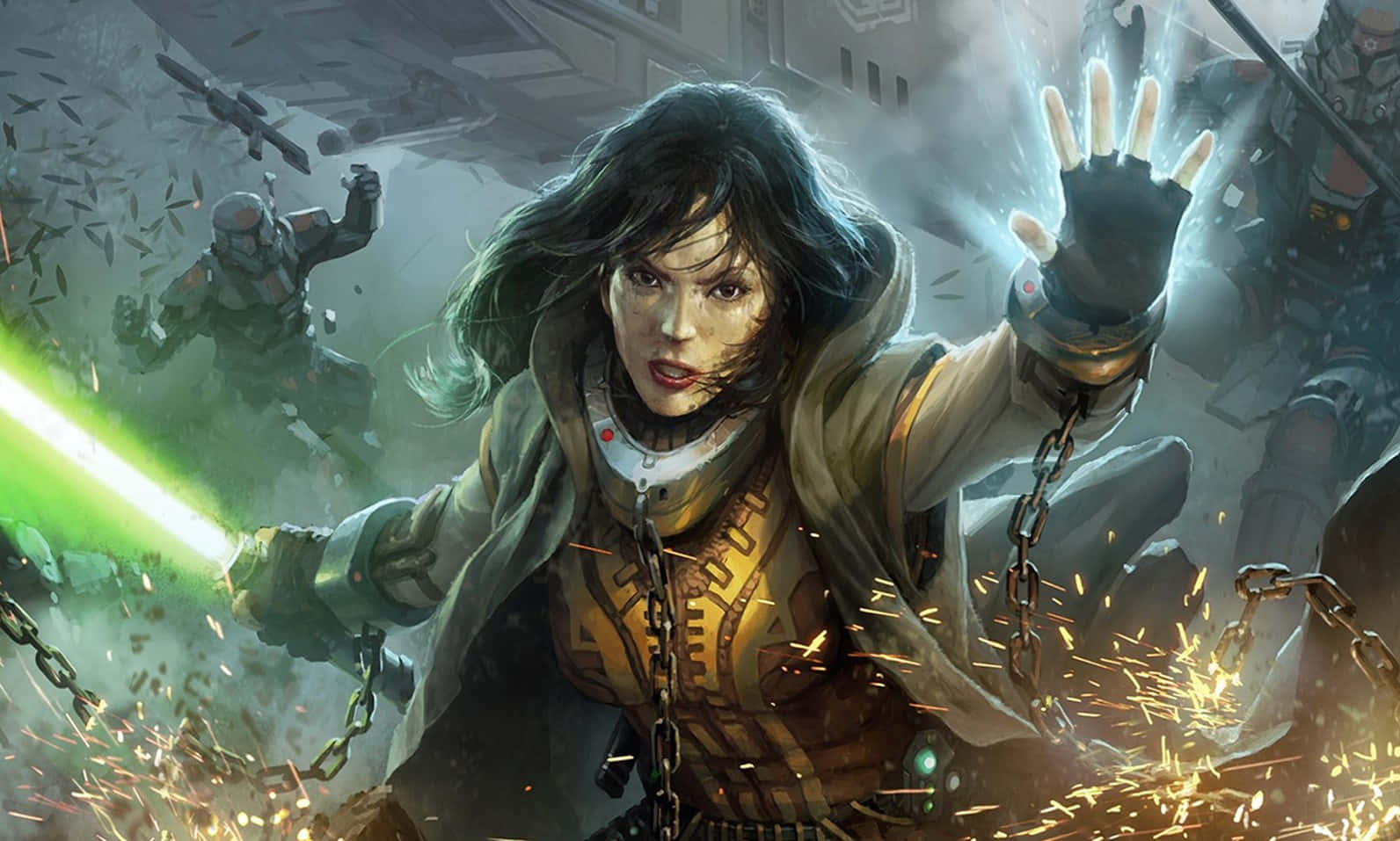 Jedi Knight 桌布 壁紙 — 一位堅定的女戰士揮舞著綠色光劍，並在與裝甲敵人的混亂戰鬥中從手中釋放能量。