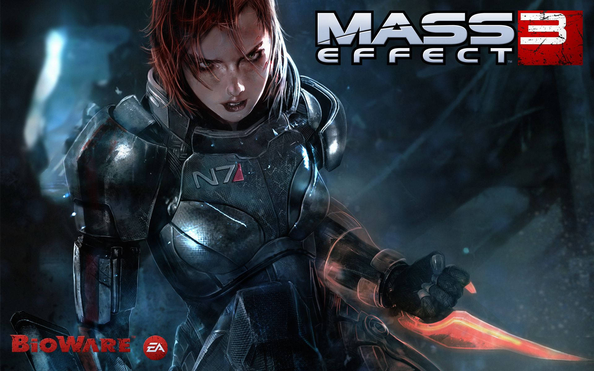 Mass Effect 3 桌布 壁紙 — 一位堅定的女戰士身穿深色N7裝甲，在煙霧瀰漫的未來背景中揮舞著發光的紅色刀刃。