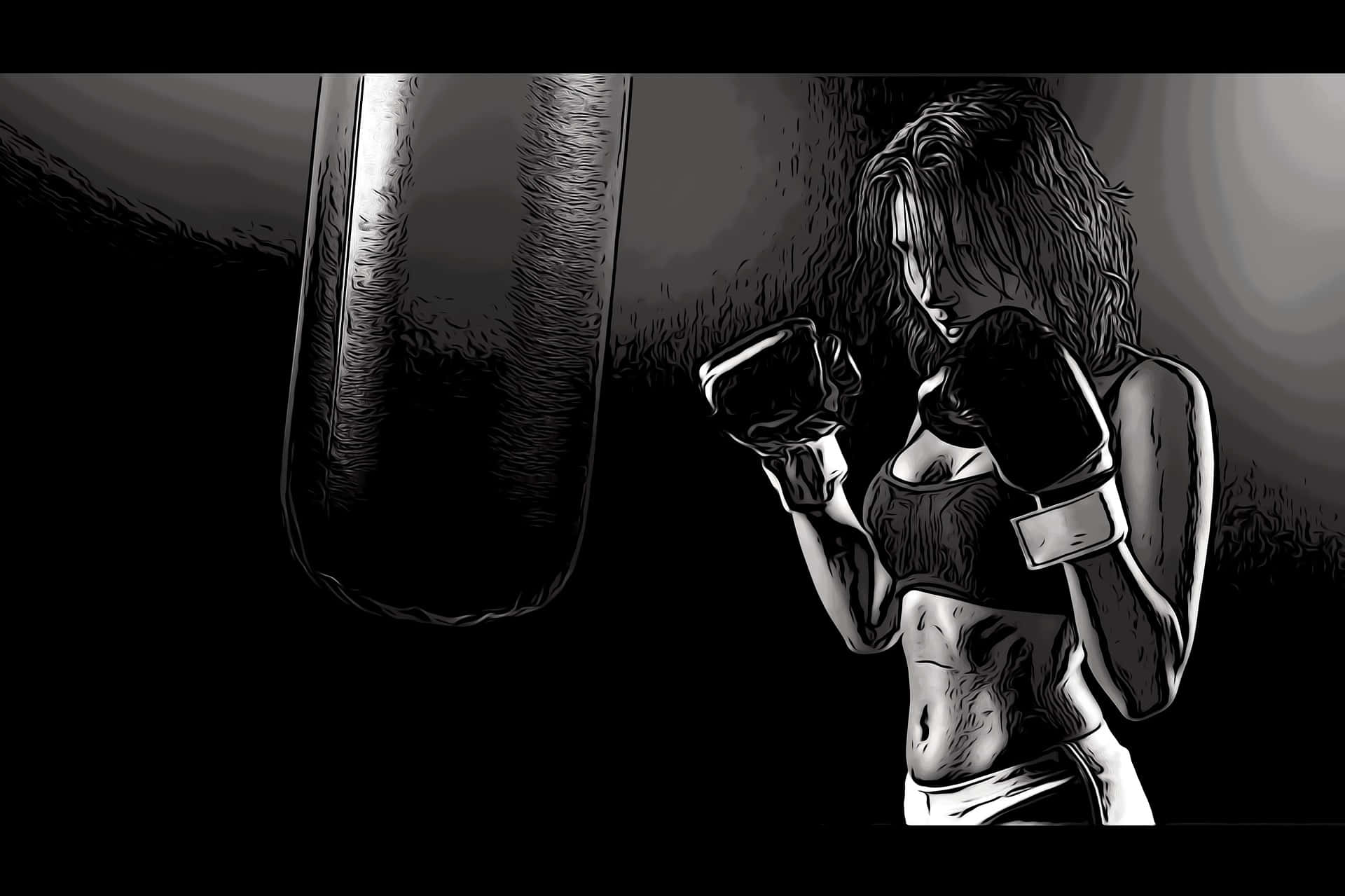 Boxing 桌布 壁紙 — 一位堅定的女拳擊手黑白插圖，在燈光昏暗的健身房中準備好面對沉重的沙袋。