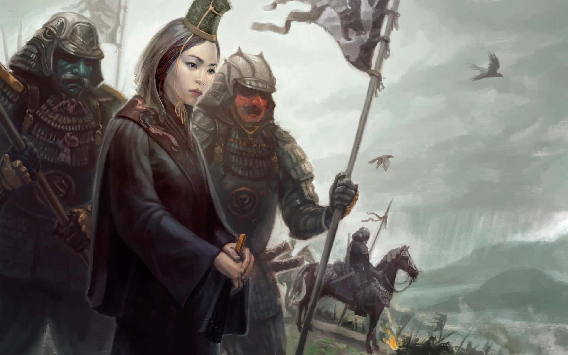 Best Total War Shogun 2 桌布 壁紙 — 一位堅定的女武士與身穿鎧甲的戰士們站在暴風雨的天空下，身後戰鬥正激烈進行。