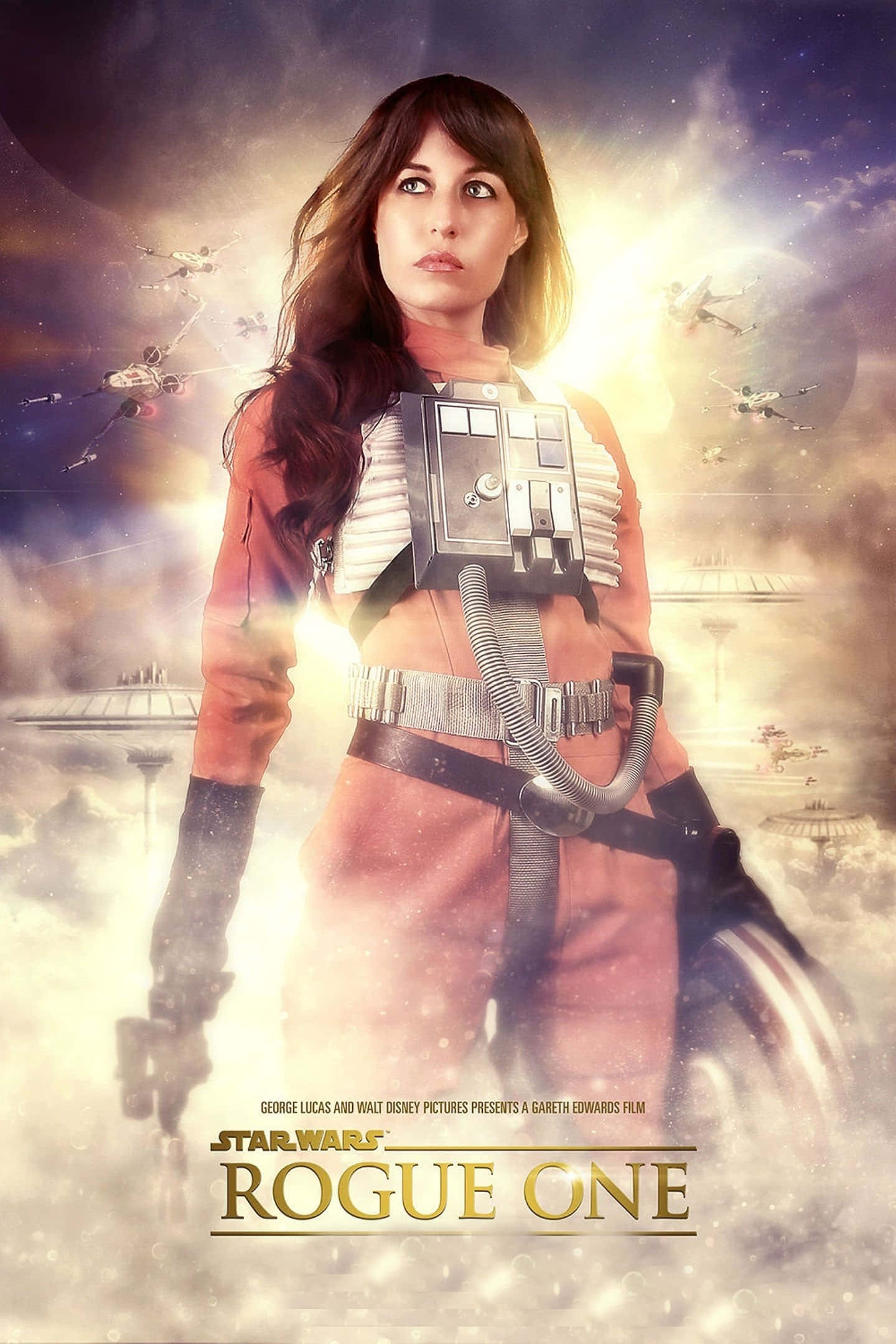 Star Wars Art 桌布 壁紙 — 一位堅定的女飛行員穿著橙色飛行裝備，站在有星際戰鬥機和太空站的宇宙背景前。
