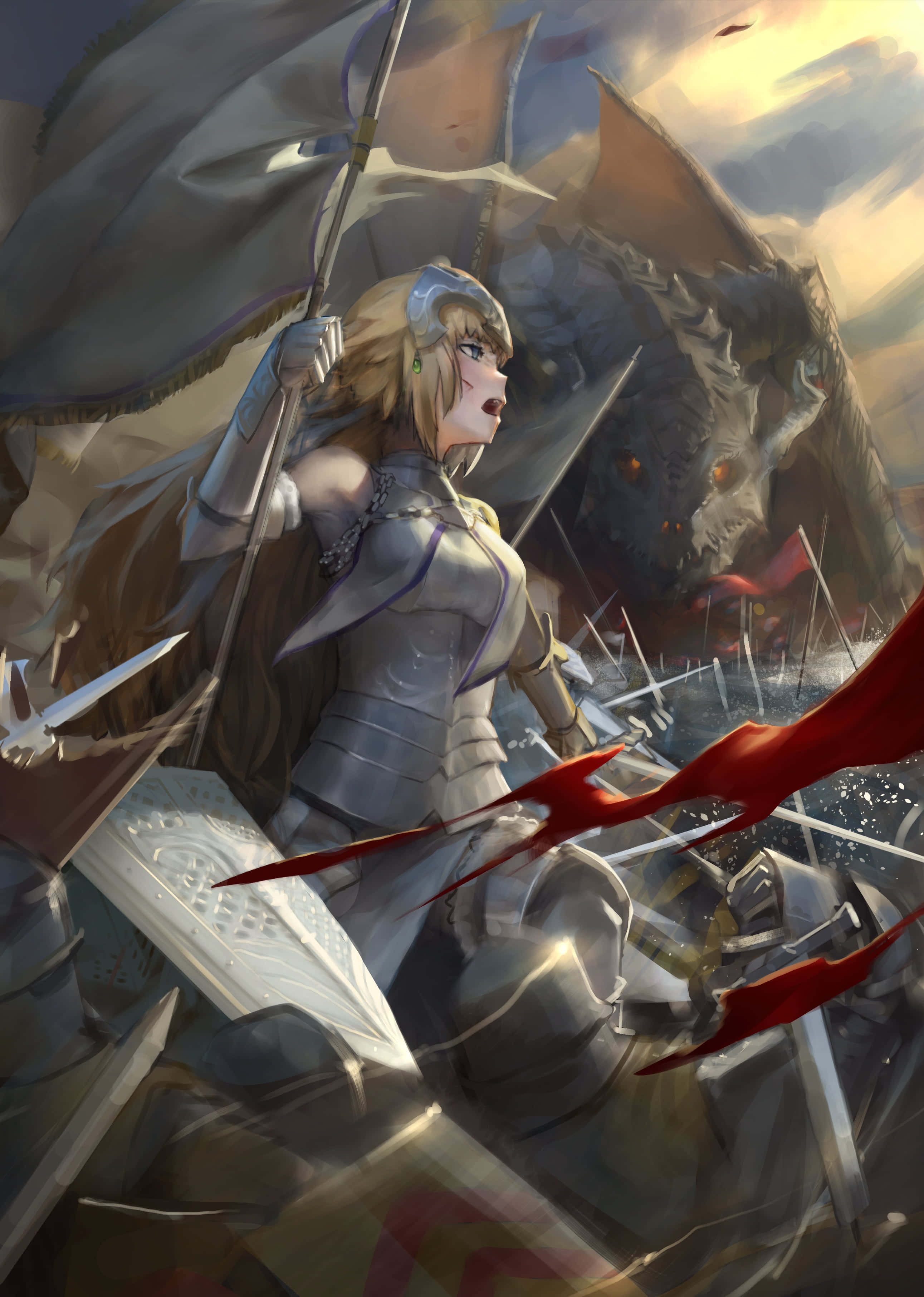Fate/Grand Order 桌布 壁紙 — 一位堅定的女騎士身穿銀色盔甲，在混亂的戰場上與巨龍戰鬥，周圍有飛揚的碎片和紅色能量條紋。