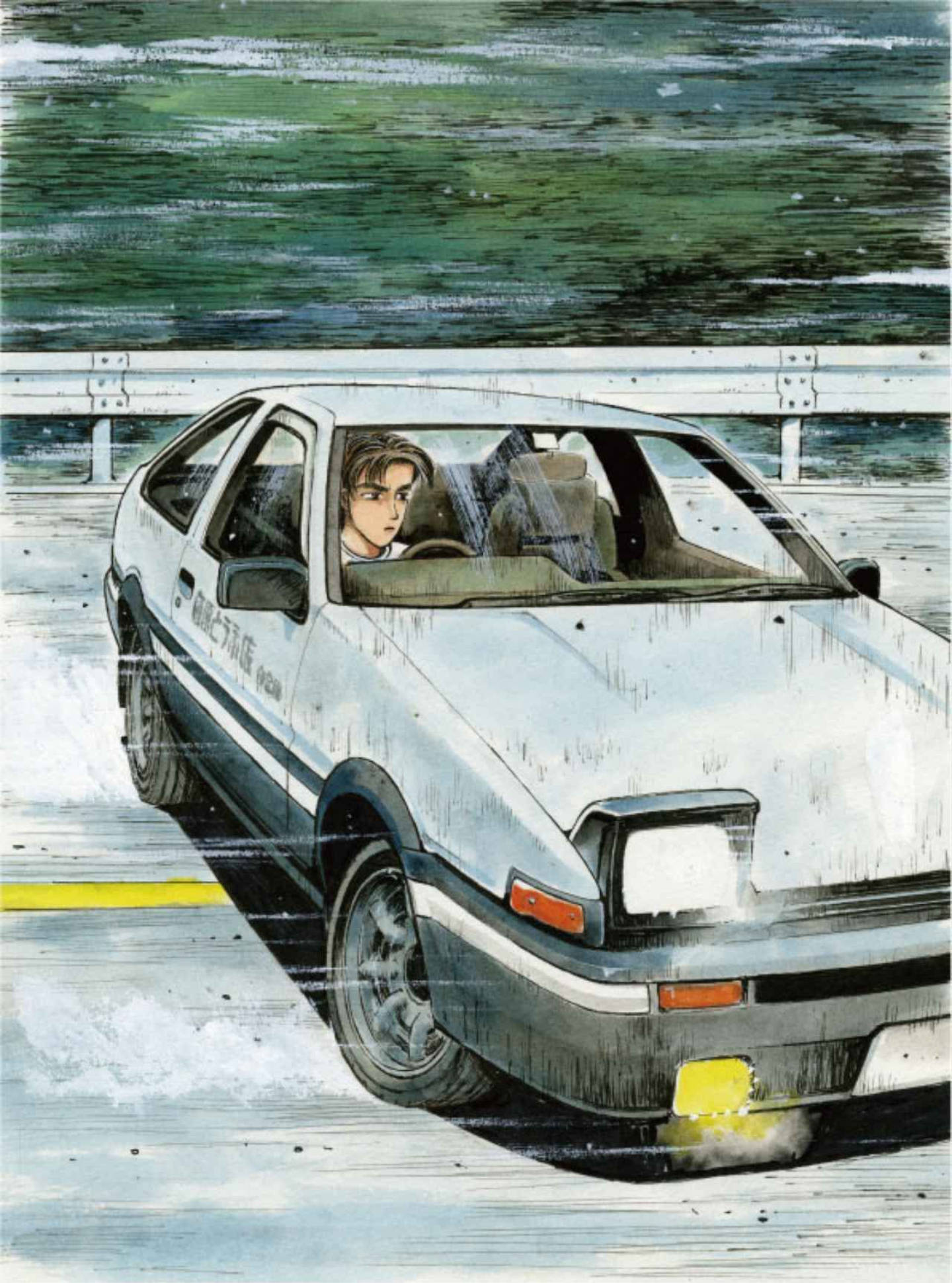 Initial 桌布 壁紙 — 一位堅定的年輕司機在雨中抓著白色AE86的方向盤，在潮濕的高速公路上飄移，背景有模糊的綠色植物。