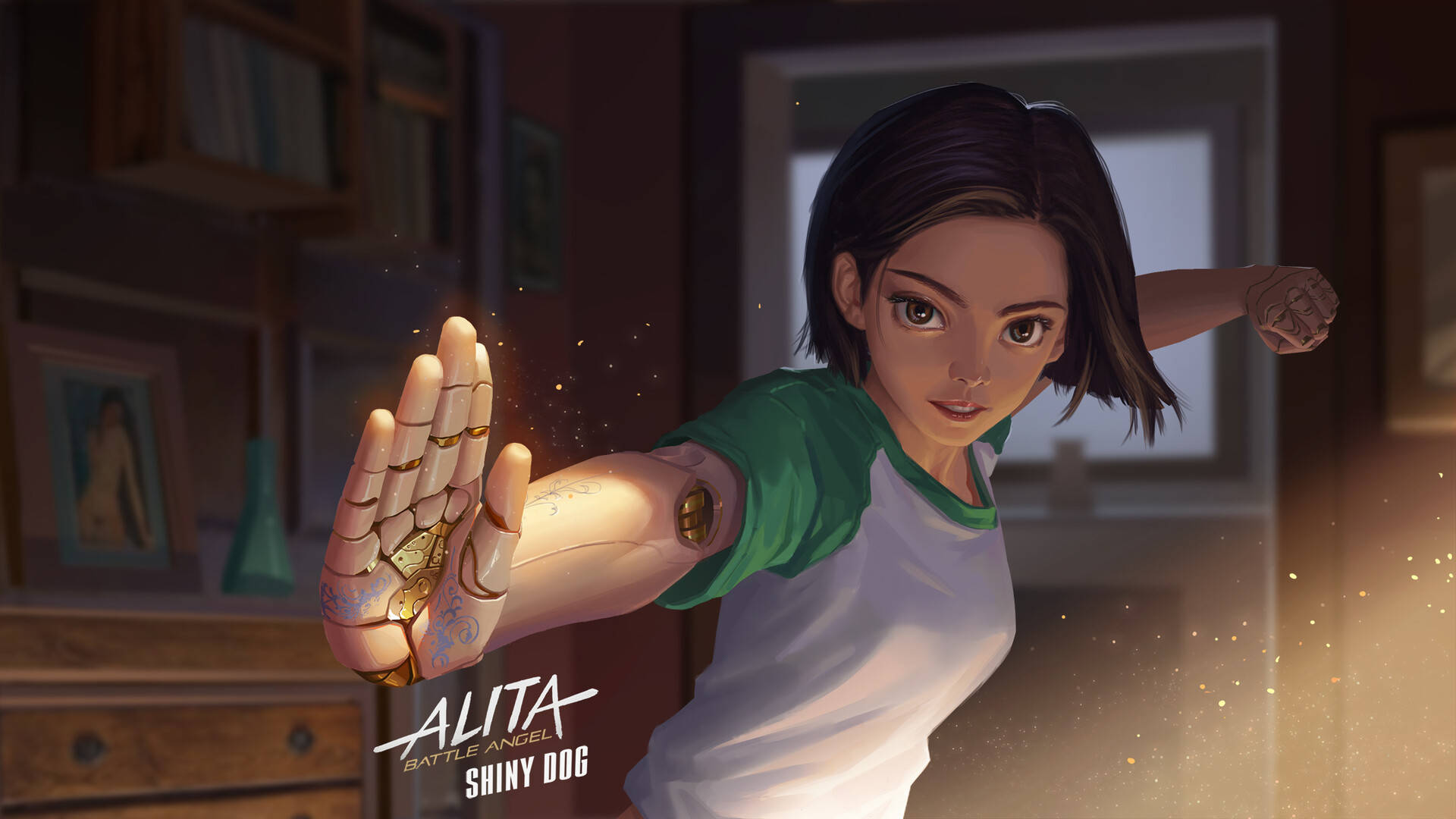 Alita Battle Angel 桌布 壁紙 — 一位堅定的年輕女性，擁有機械手臂，在溫暖照明的木質房間中伸出手，閃爍著金色火花。