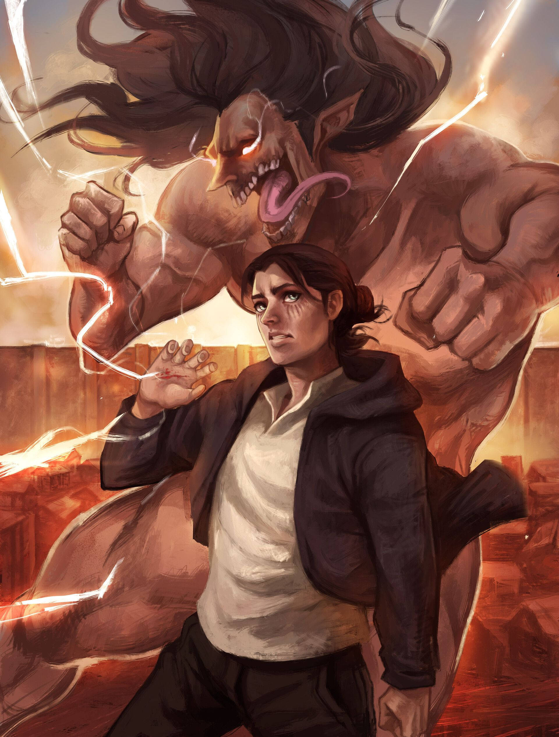 Eren Season 4 桌布 壁紙 — 一位堅定的年輕女性在火熱的城市戰鬥中引導閃電對抗怪獸。