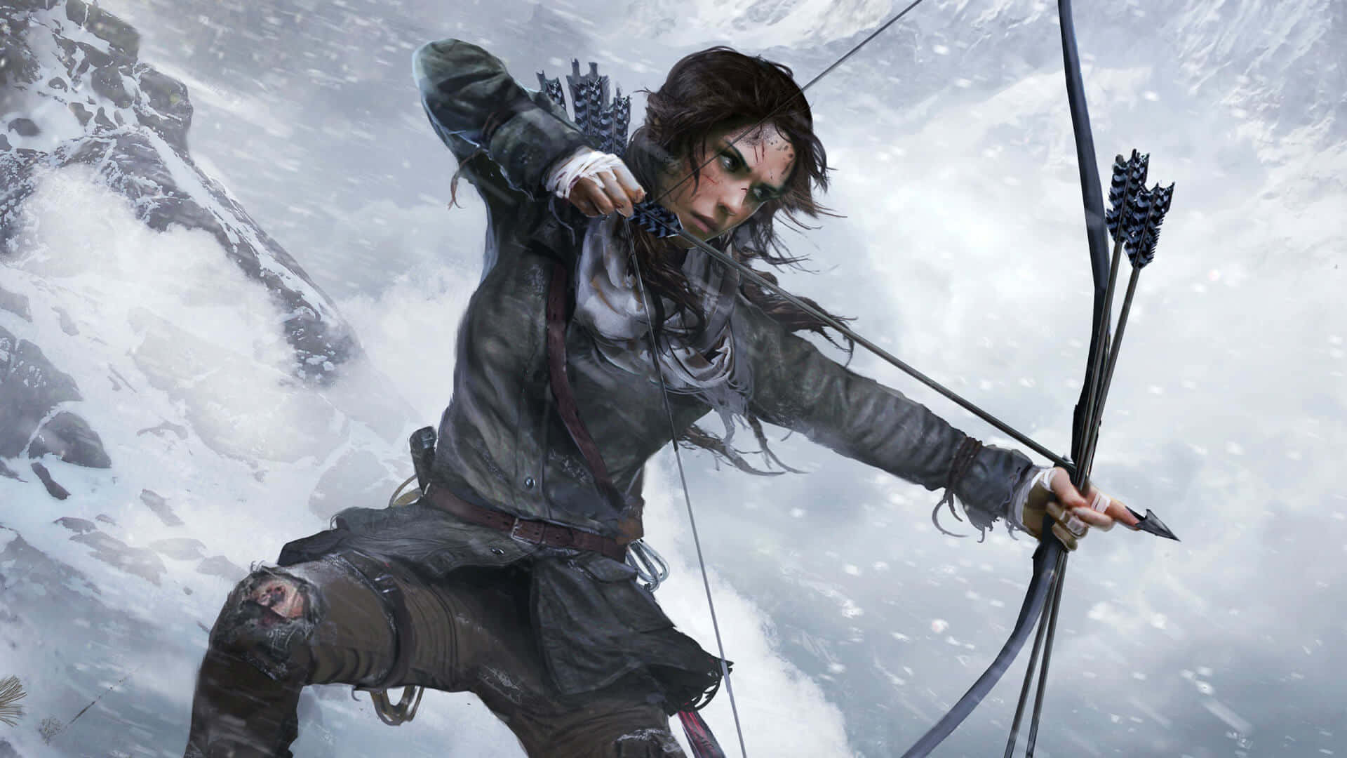 Tomb Raider Game 桌布 壁紙 — 一位堅定的弓箭手穿著粗獷裝備，在白雪皚皚的山景和旋風中拉弓。