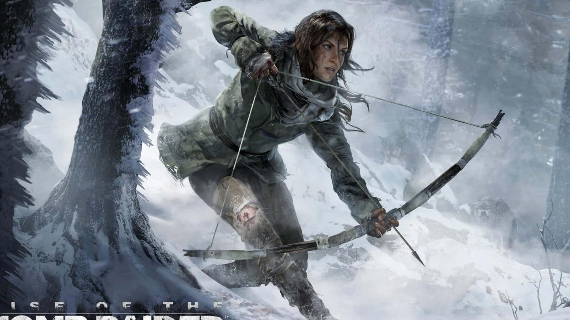 archer 桌布 壁紙 — 一位堅定的探險家在茂密的冬季森林中攀爬雪山時拉弓。