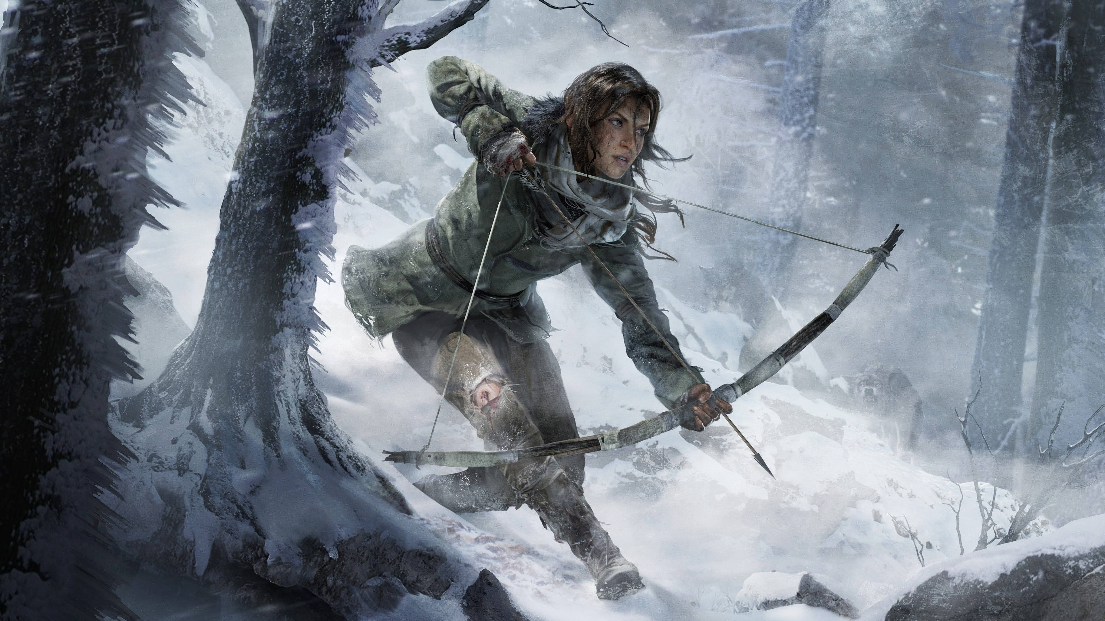 Rise Of The Tomb Raider 桌布 壁紙 — 一位堅定的探險家在雪地森林中，一邊穿越危險的冬季地形，一邊拉弓。