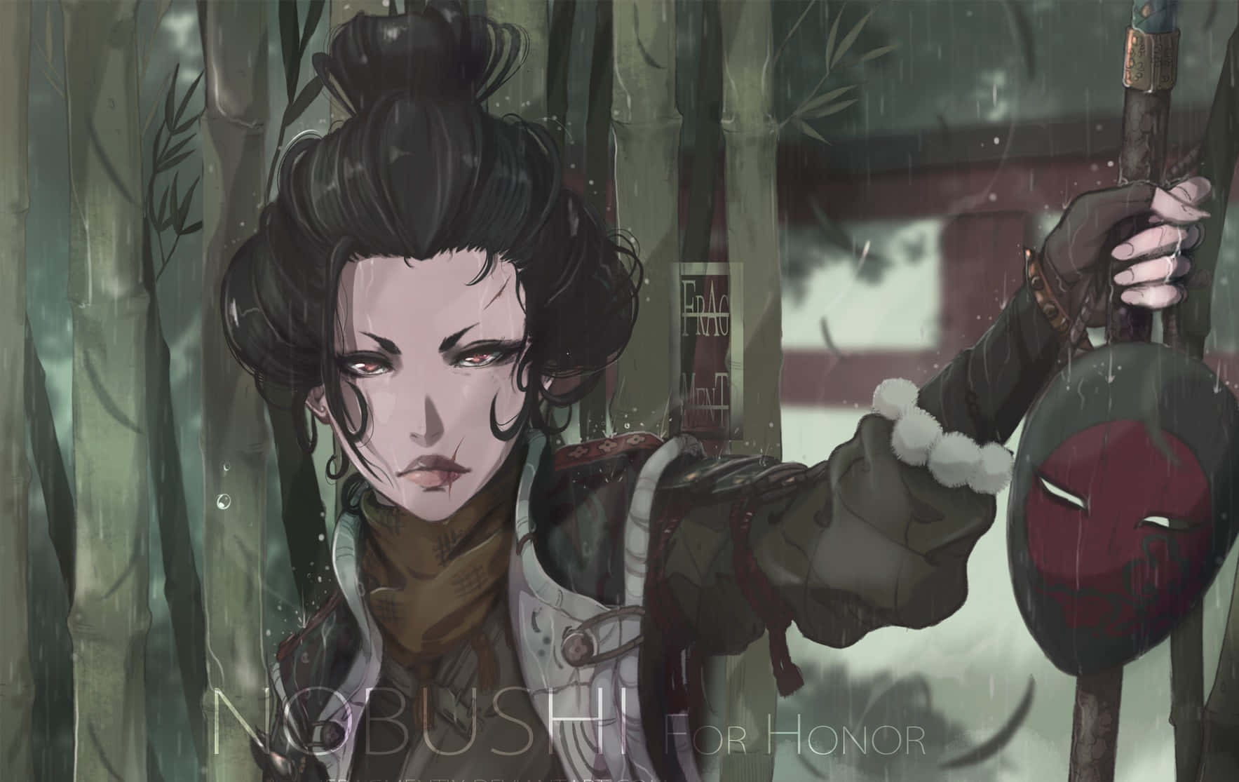 Female Samurai For Honor 桌布 壁紙 — 一位堅定的武士戰士站在霧氣瀰漫的竹林中，手持劍和頭盔。