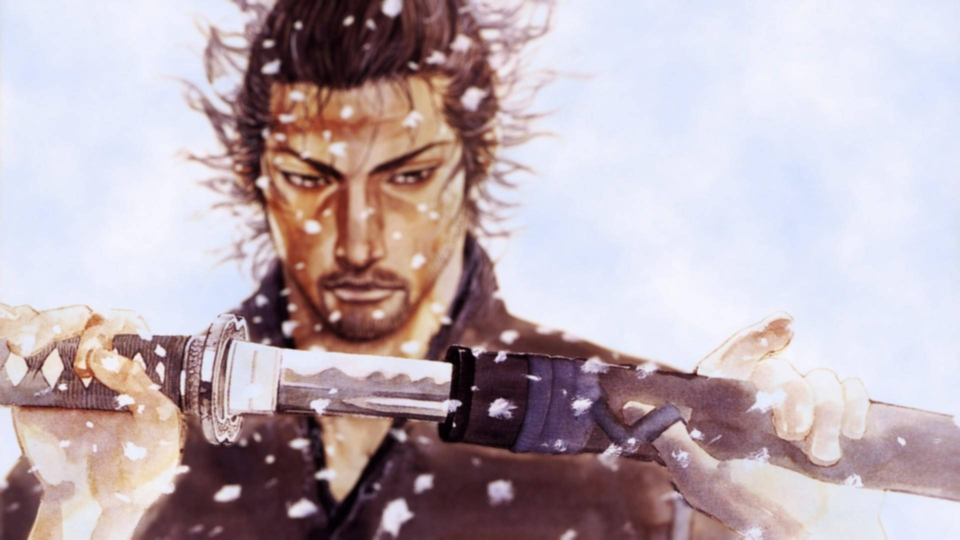 Warrior 桌布 壁紙 — 一位堅定的武士緊握他的武士刀，雪花在他專注的眼神周圍旋轉，映襯著蒼白的天空。