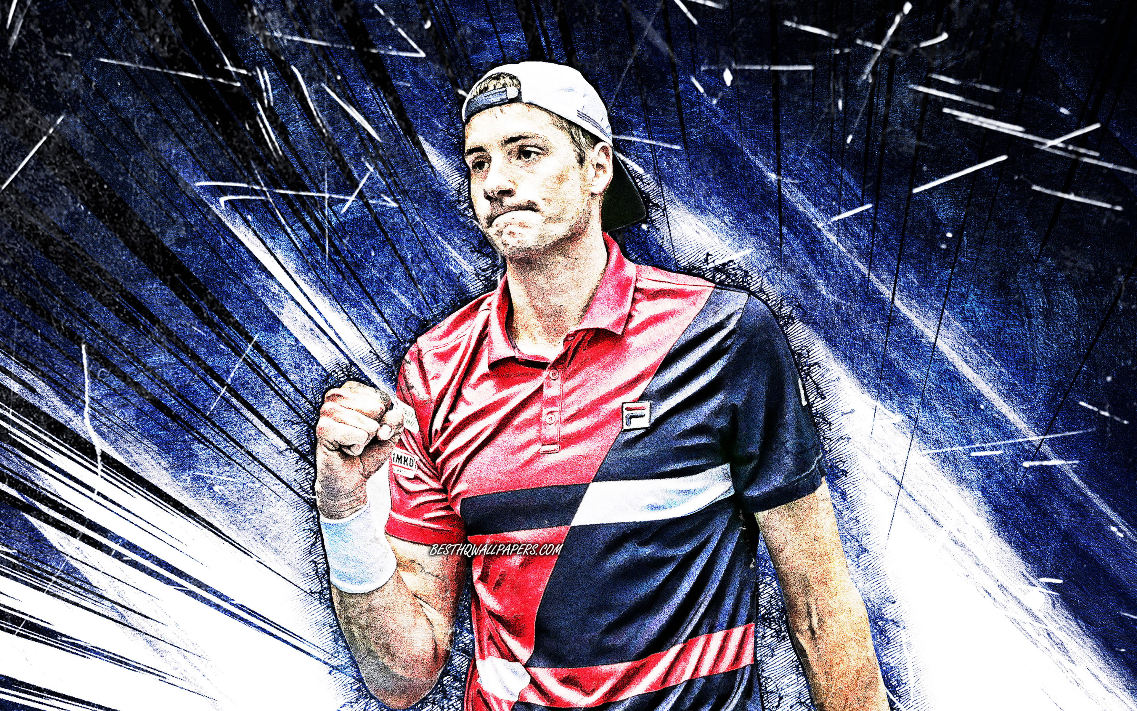 Tennis 桌布 壁紙 — 一位堅定的男性網球運動員，身穿紅藍裝備，在動感的藍白條紋背景前握緊拳頭。