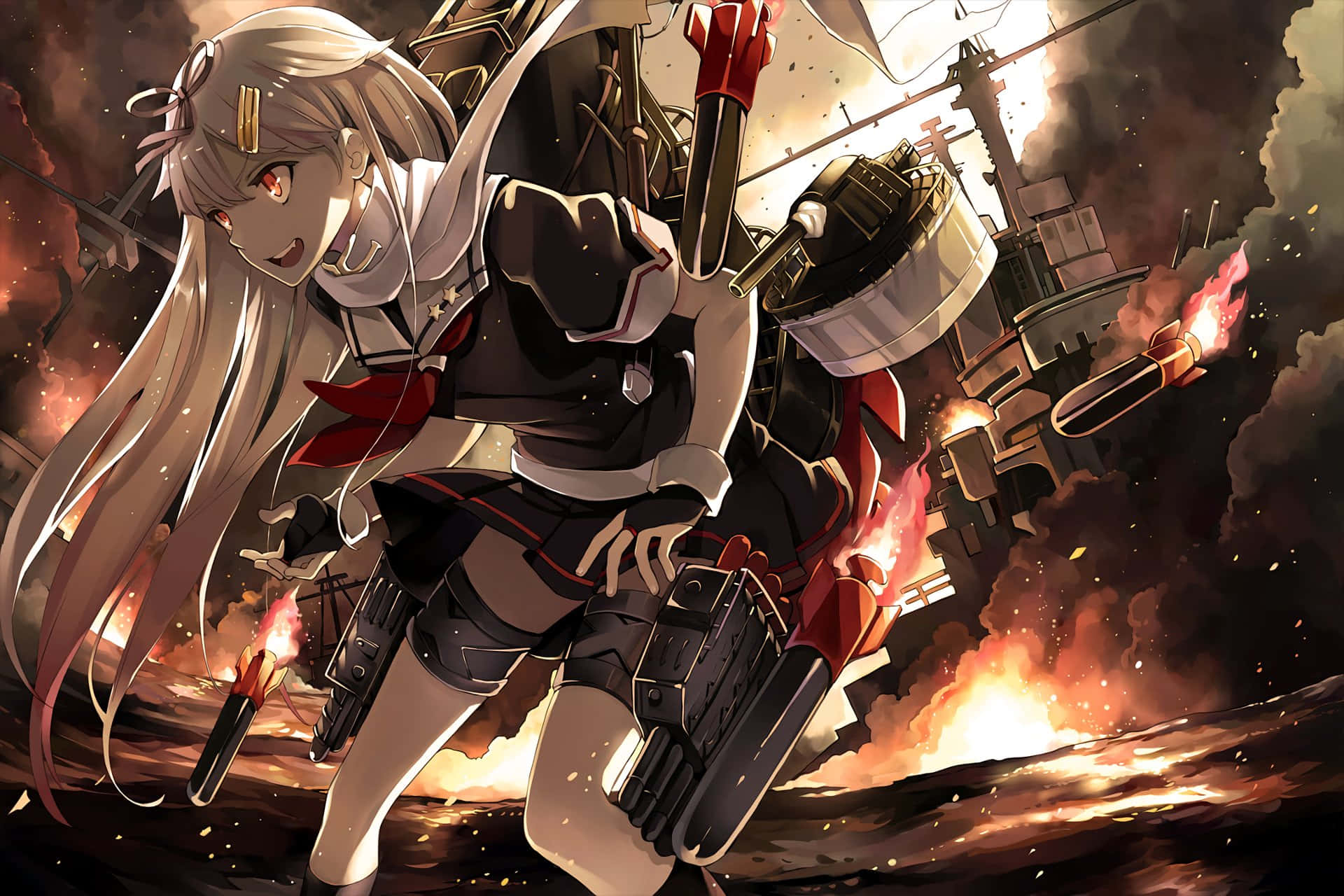 Kantai Collection 桌布 壁紙 — 一位堅定的白髮動漫女孩在戰艦爆炸的火焰戰場中發射大砲。