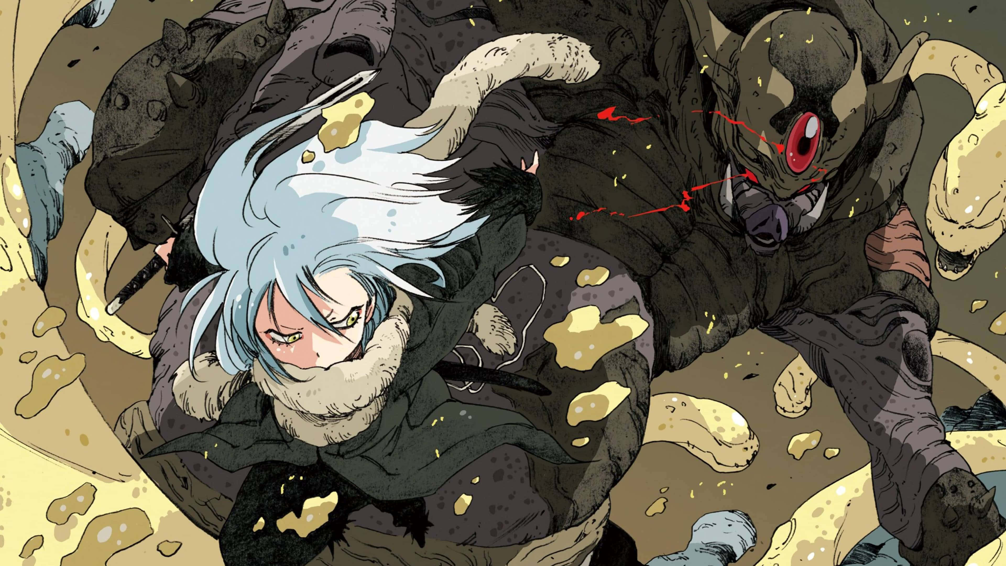 That Time I Got Reincarnated As A Slime 桌布 壁紙 — 一位堅定的白髮動漫戰士在飛揚的碎片中與一隻紅眼怪物戰鬥。