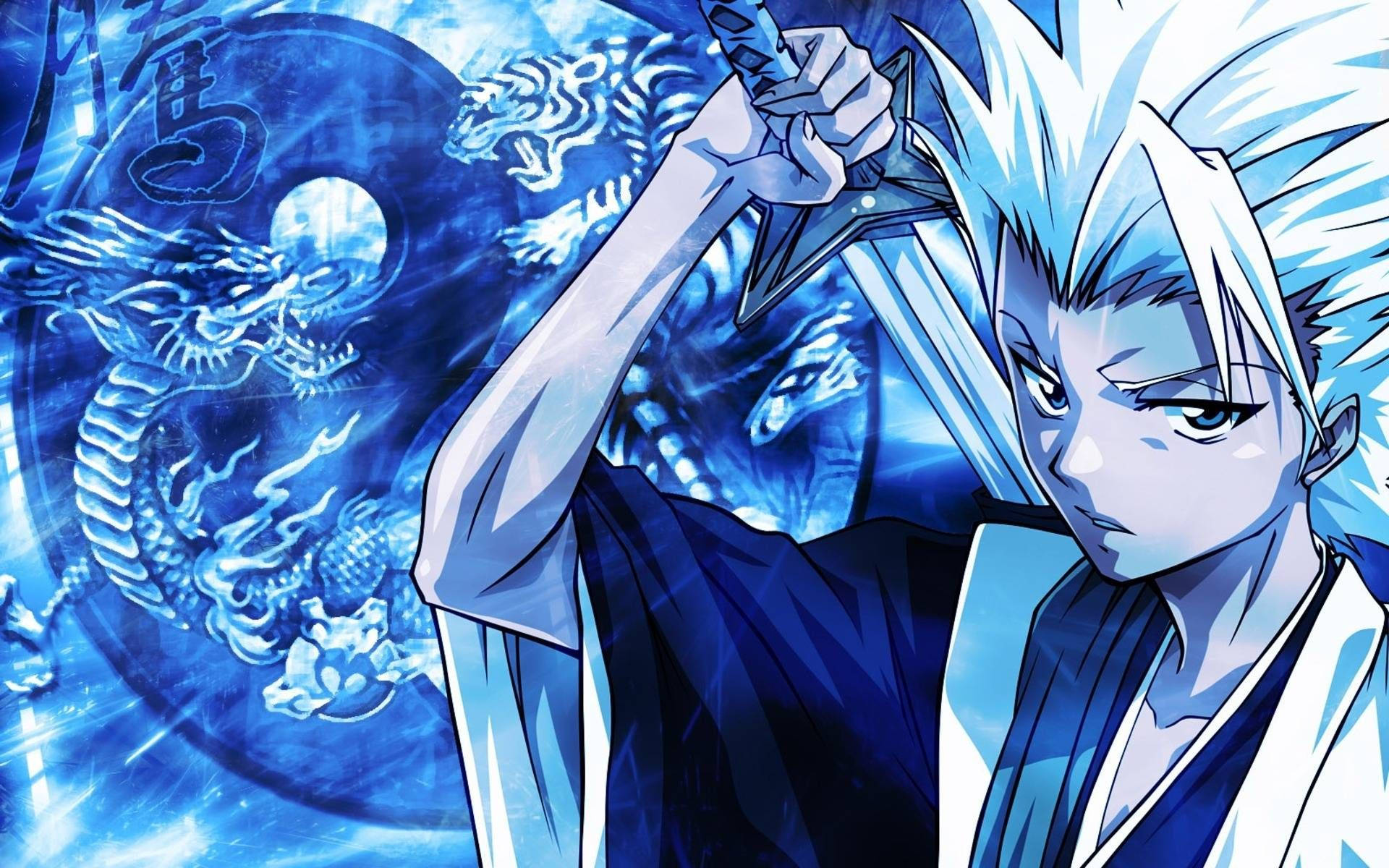 龍 桌布 壁紙 — 一位堅定的白髮動漫戰士揮劍對抗旋轉的藍龍和陰陽符號。