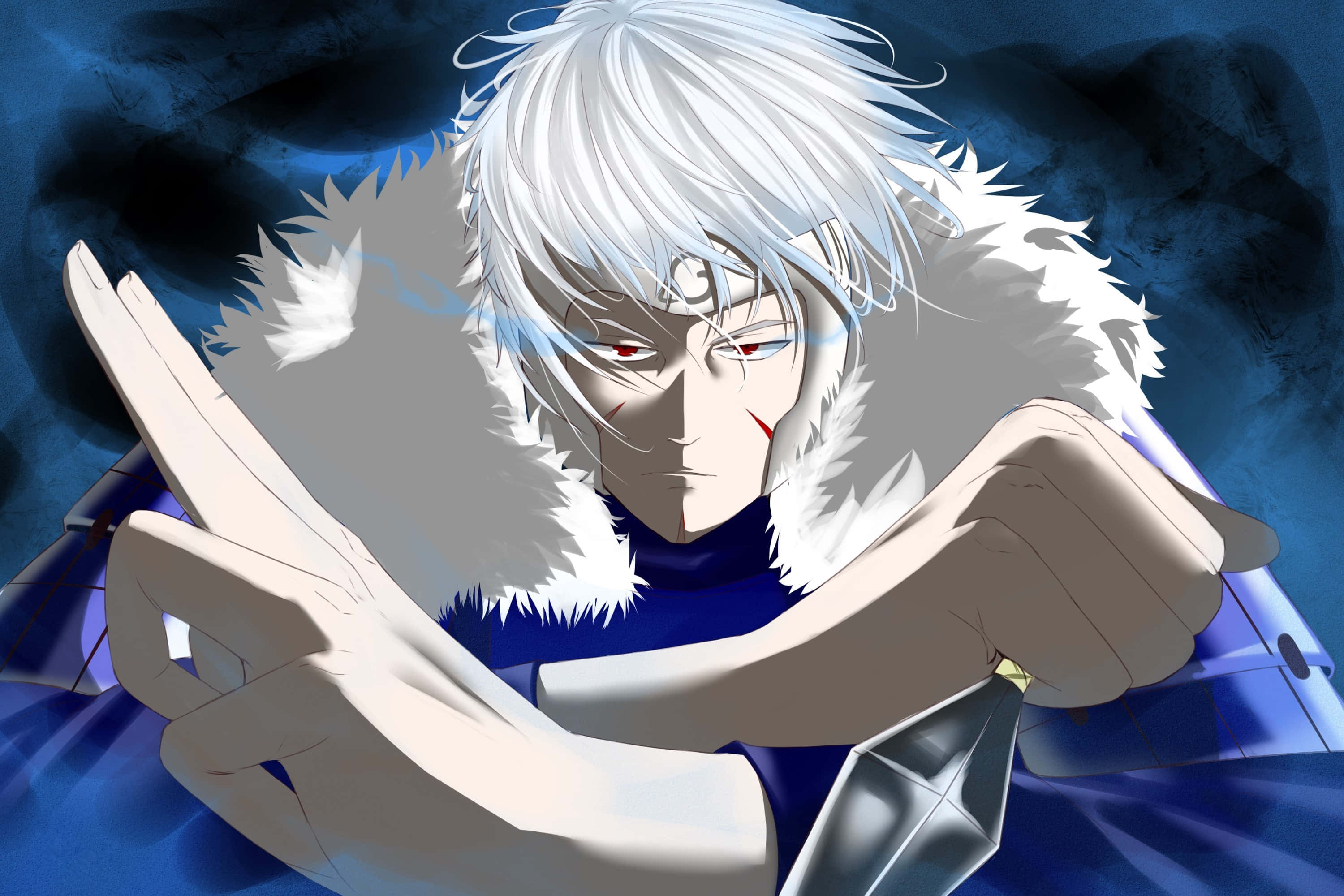 tobirama senju 桌布 壁紙 — 一位堅定的白髮紅眼動漫戰士，在暴風雨般的藍色背景中緊握著水晶刀刃。