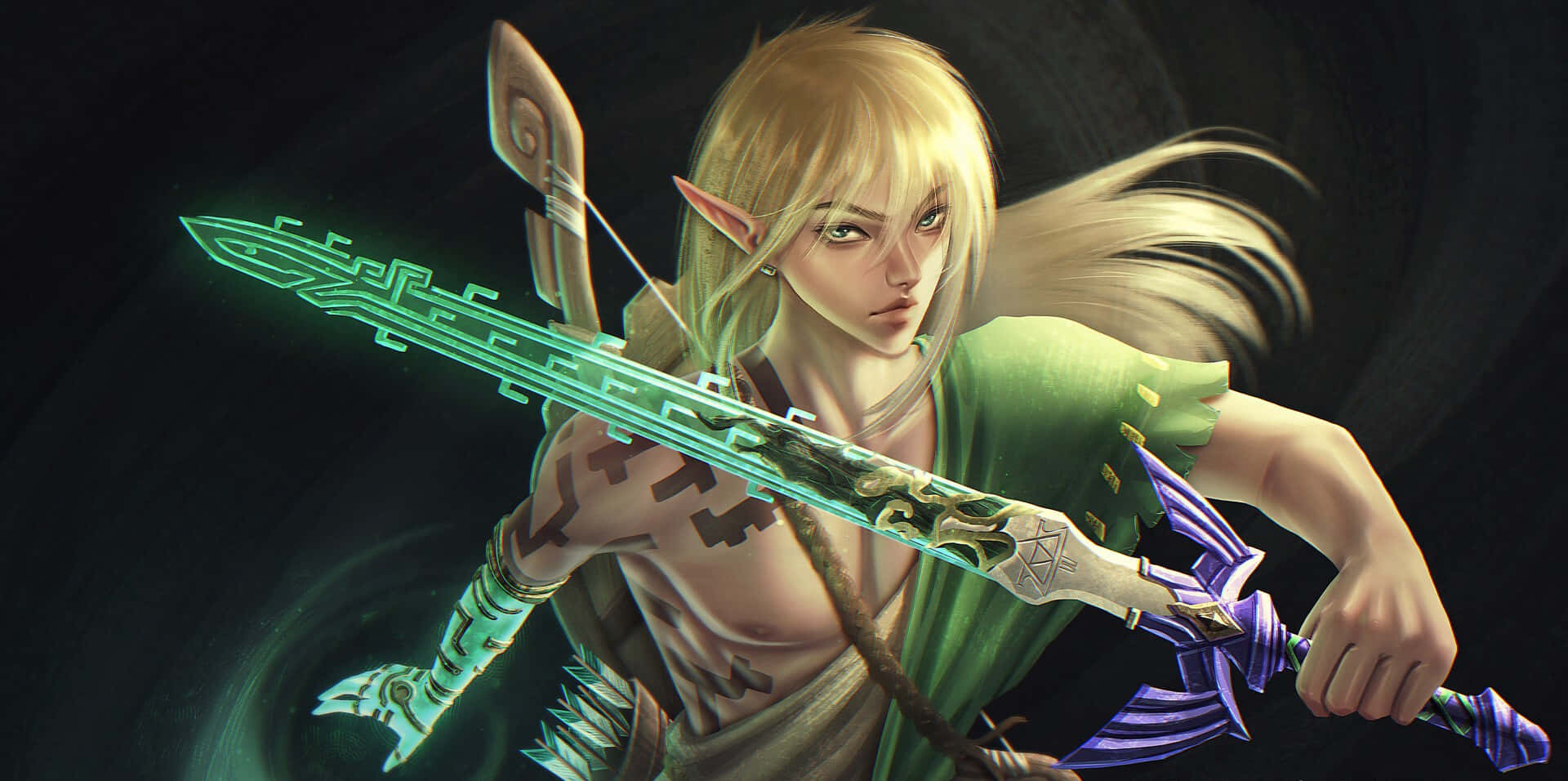 The Legend Of Zelda Tears Of The Kingdom 桌布 壁紙 — 一位堅定的精靈戰士，金髮尖耳，在黑暗旋轉的背景中拔出閃耀的綠色寶劍。