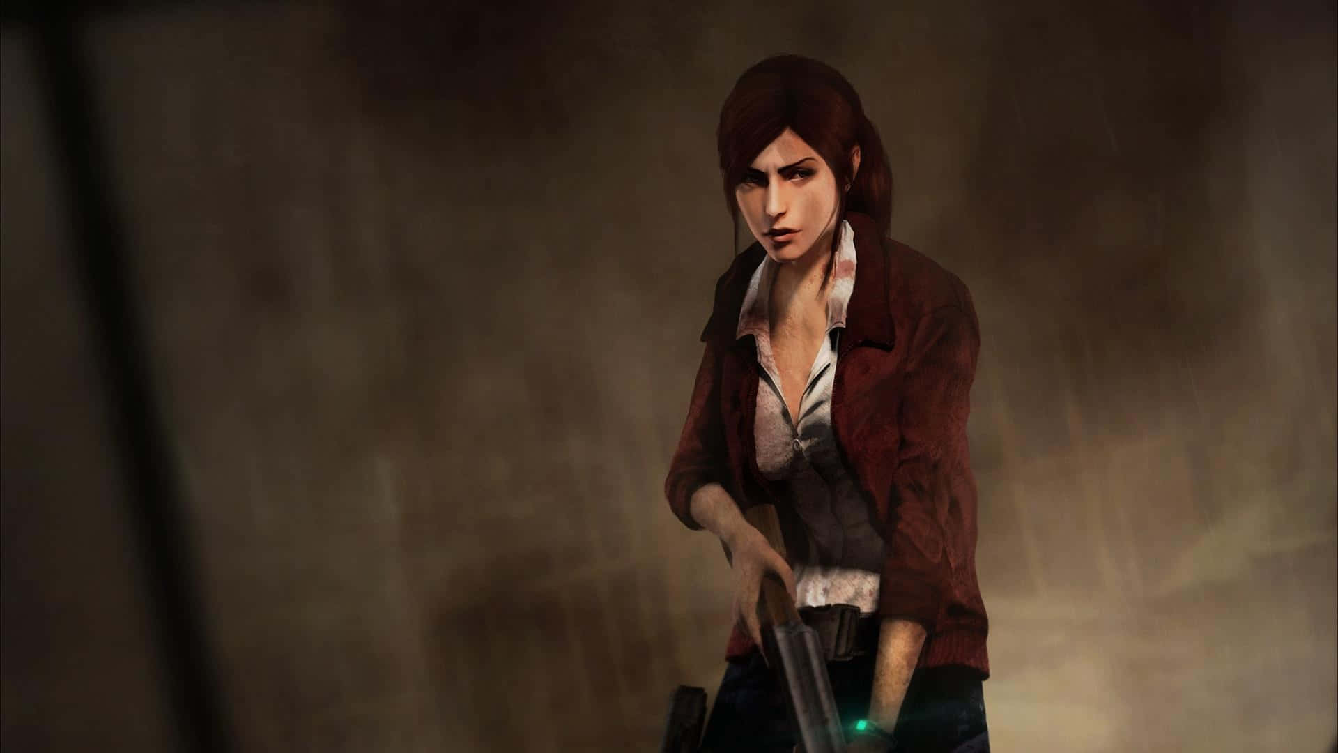Resident Evil Revelations 2 桌布 壁紙 — 一位堅定的紅髮女性在昏暗、粗糙的環境中手持發光武器。