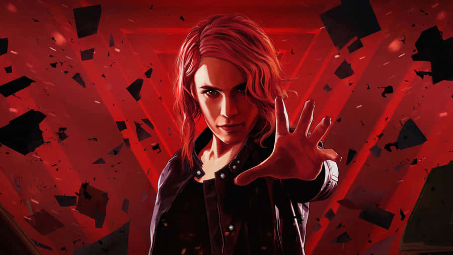 All Games 桌布 壁紙 — 一位堅定的紅髮女性在破碎的紅色幾何背景前伸出手。