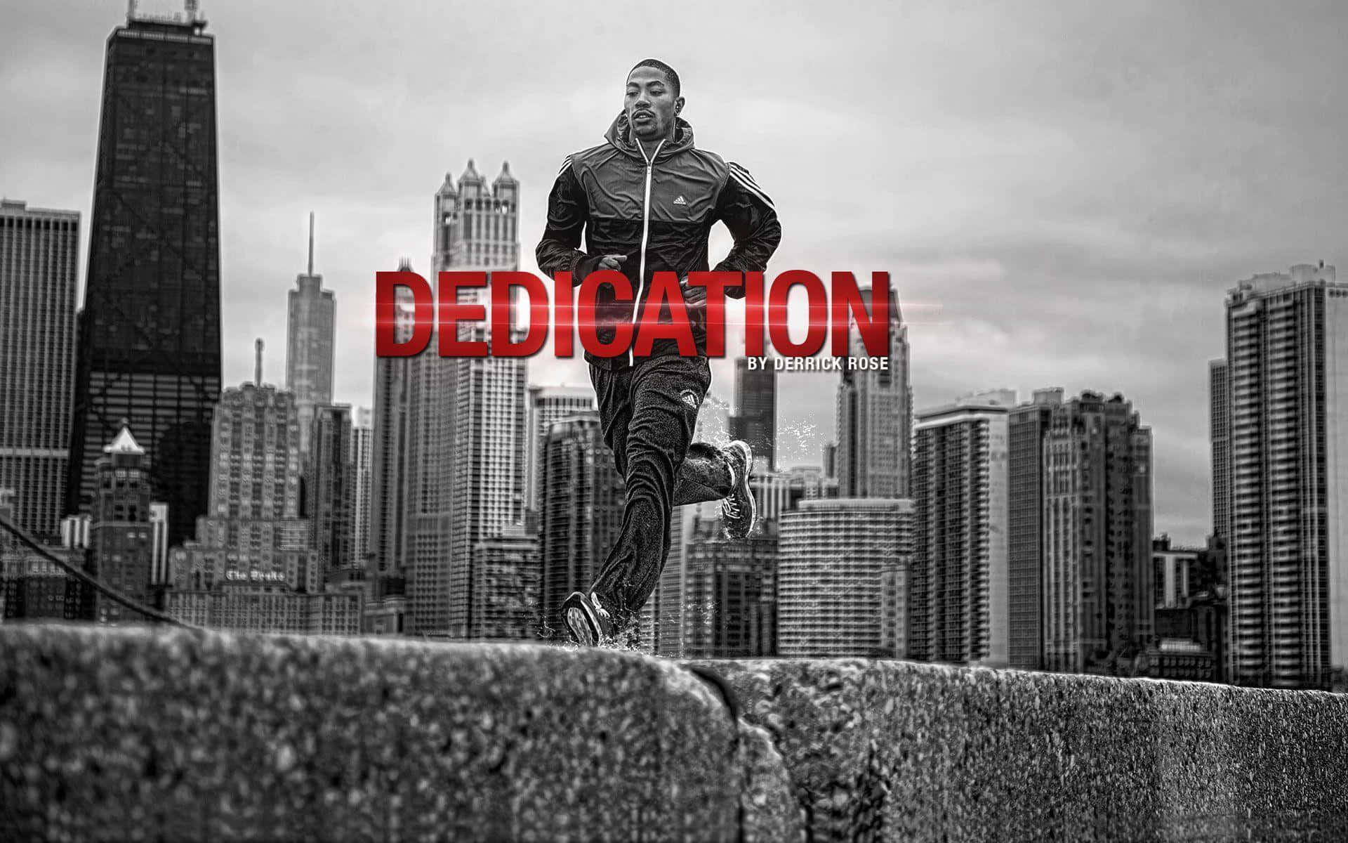 derrick rose 桌布 壁紙 — 一位堅定的運動員在橋上跨步奔跑，背景是單色城市天際線，並有粗體紅色文字宣示奉獻。