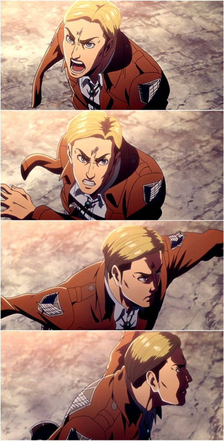進擊的巨人 角色 桌布 壁紙 — 一位堅定的金髮動漫士兵身穿棕色制服，在粗糙的石頭背景下以強烈的表情向前衝鋒。