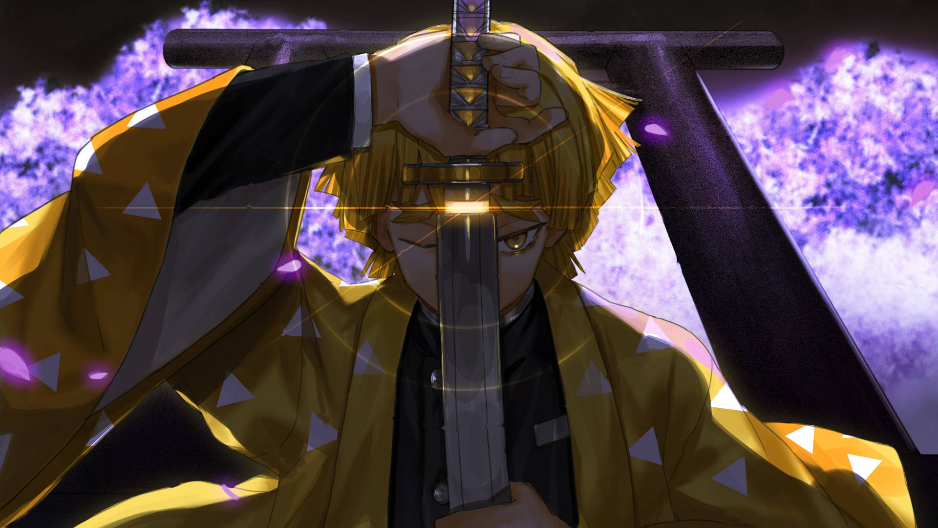 Demon Slayer Zenitsu 桌布 壁紙 — 一位堅定的金髮動漫戰士，手持發光劍，背景是旋轉的紫色宇宙。