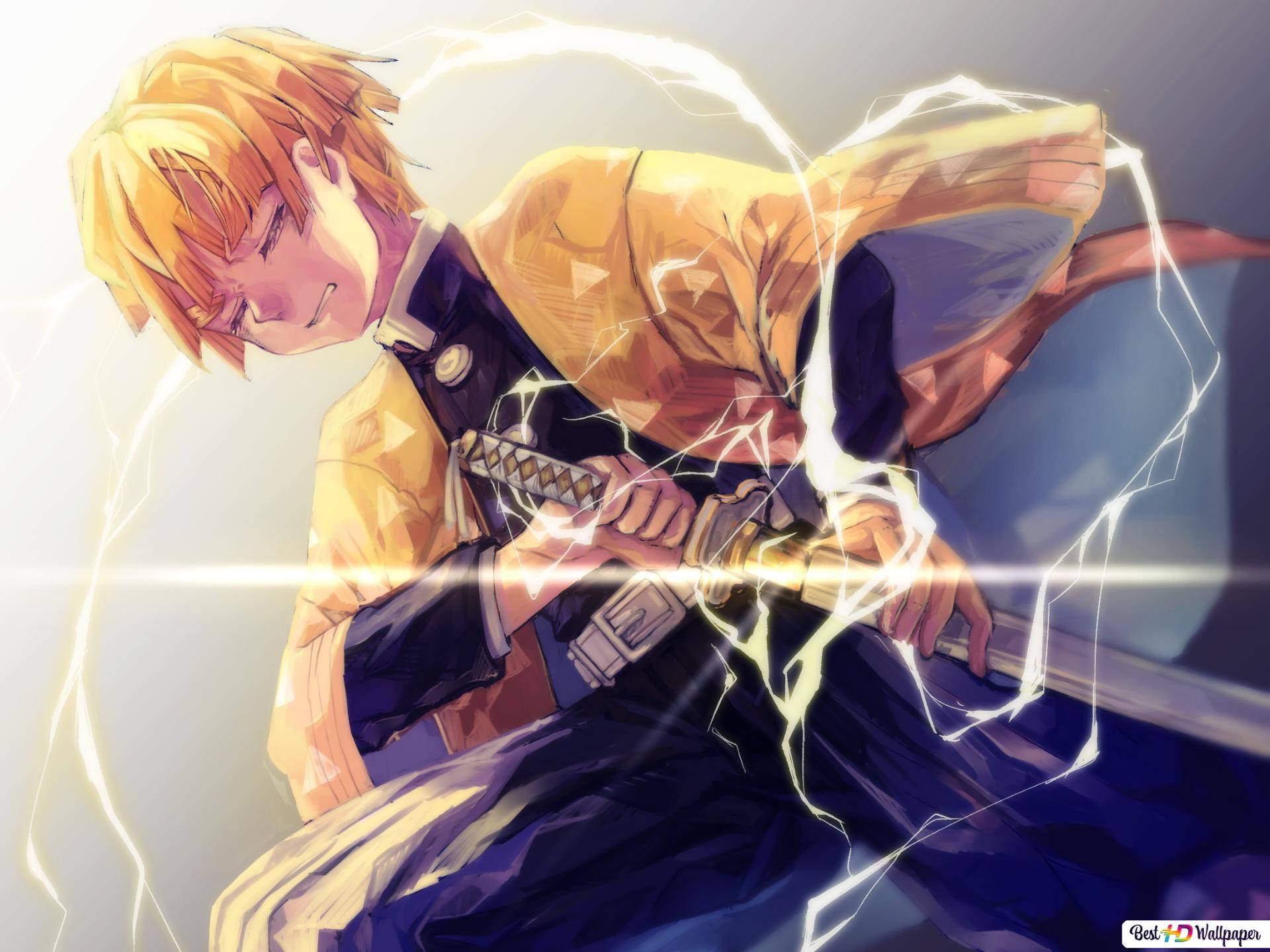Zenitsu Pfp 桌布 壁紙 — 一位堅定的金髮動漫戰士，揮舞著被劈啪作響的閃電包圍的發光劍，擺出動態的戰鬥姿勢。