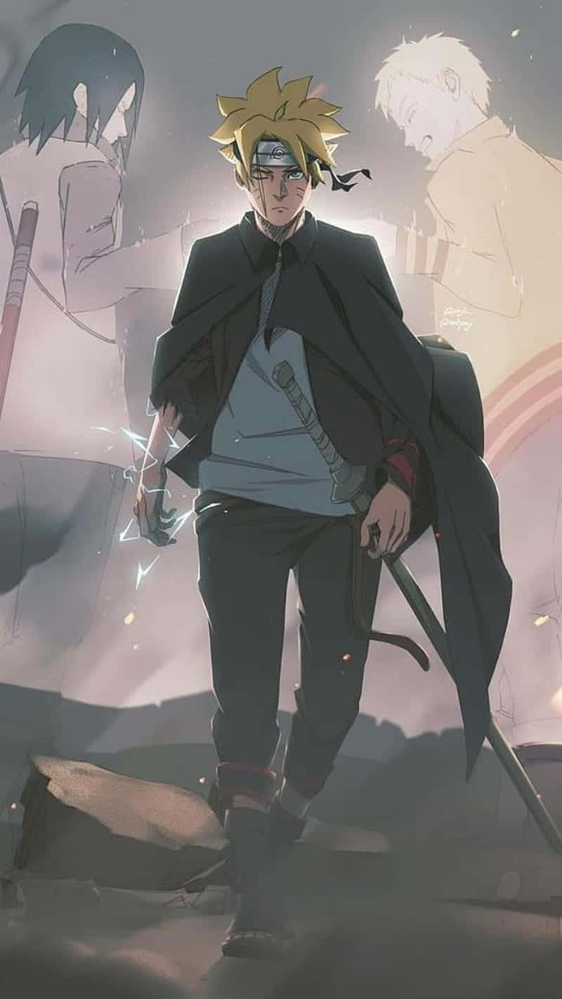 Adult Boruto 桌布 壁紙 — 一位堅定的金髮動漫戰士，身穿黑色斗篷，散發著發光的查克拉火花，在迷霧戰場上前行，兩旁是褪色的幽靈般身影。