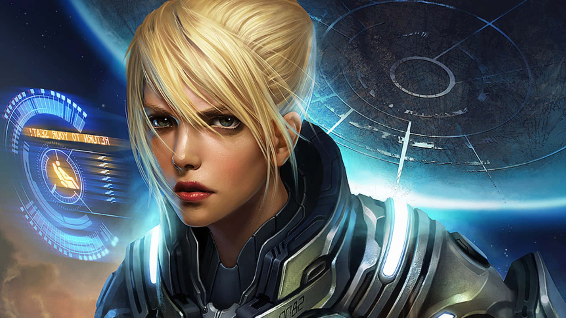 Starcraft Characters 桌布 壁紙 — 一位堅定的金髮女性太空人身穿未來裝甲，在宇宙背景下凝視前方，周圍環繞著發光的藍色全息界面。