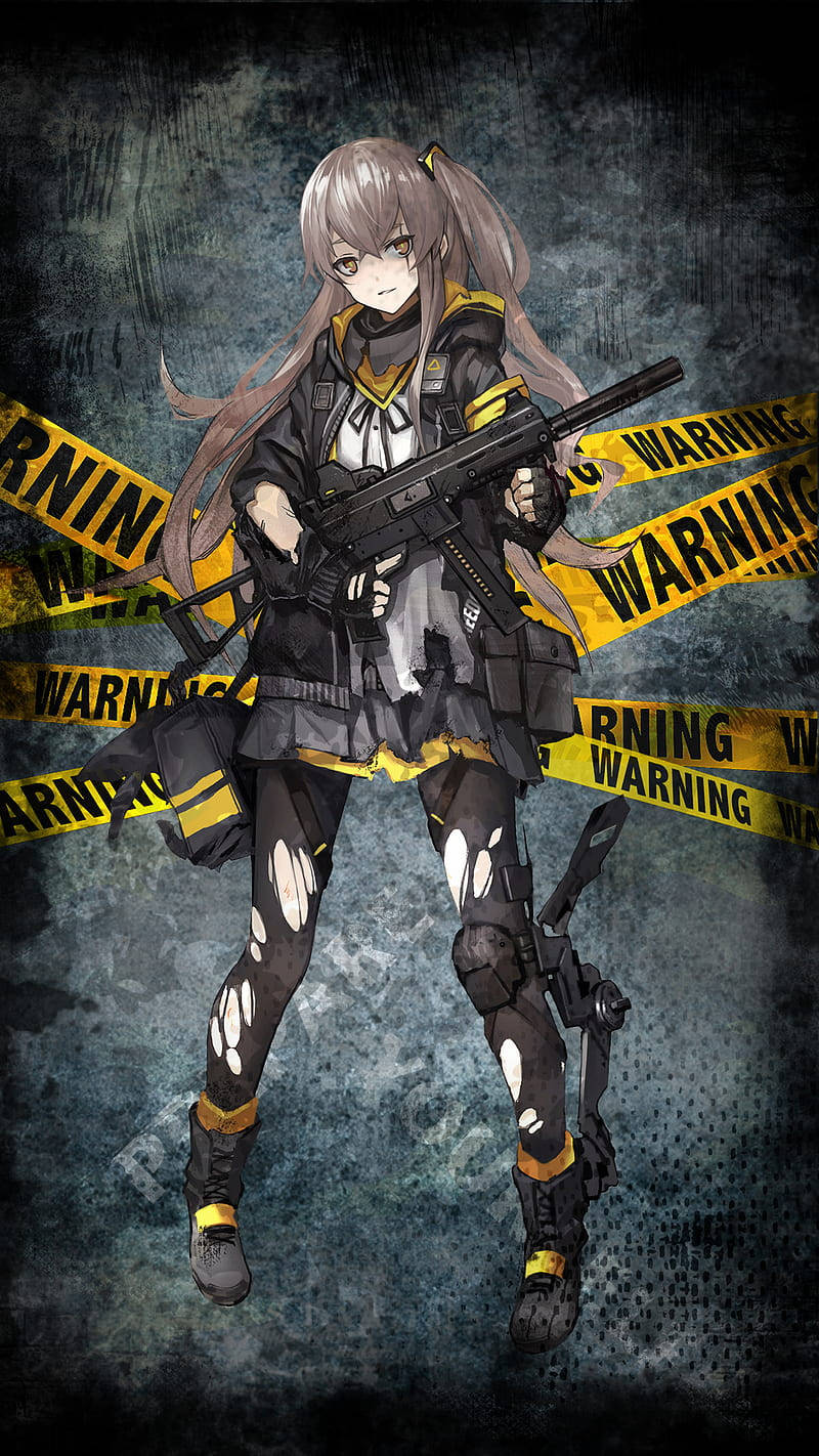 Shooting 桌布 壁紙 — 一位堅定的銀髮動漫女孩在粗糙的黑暗背景中，於交錯的黃色警告膠帶間揮舞步槍。