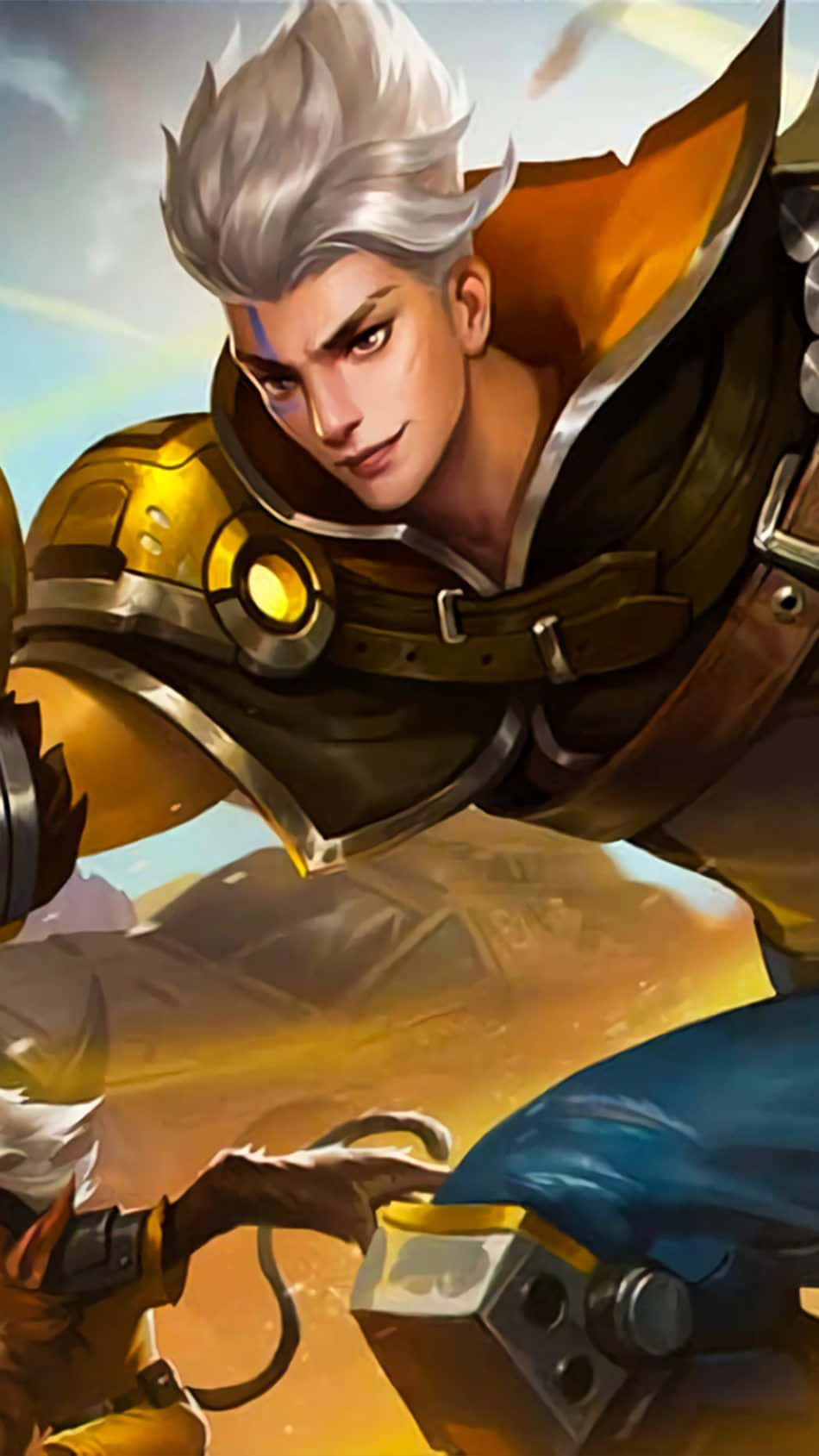Mobile Legends 動態圖 桌布 壁紙 — 一位堅定的銀髮戰士身穿金色盔甲，在沙漠背景下緊握機械武器。