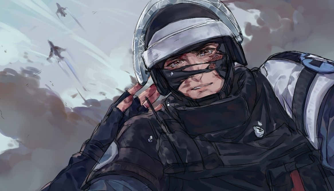Rainbow Six Siege Doc 桌布 壁紙 — 一位堅定的飛行員戴著未來風格的頭盔和飛行服，在暴風雨的天空中向前凝視，戰鬥機在身後呼嘯而過。