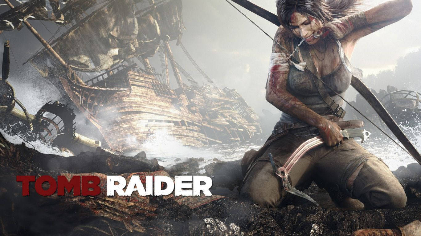 古墓奇兵 桌布 壁紙 — 一位堅毅的 Tomb Raider 女主角在暴風雨中的沉船旁邊拉弓。