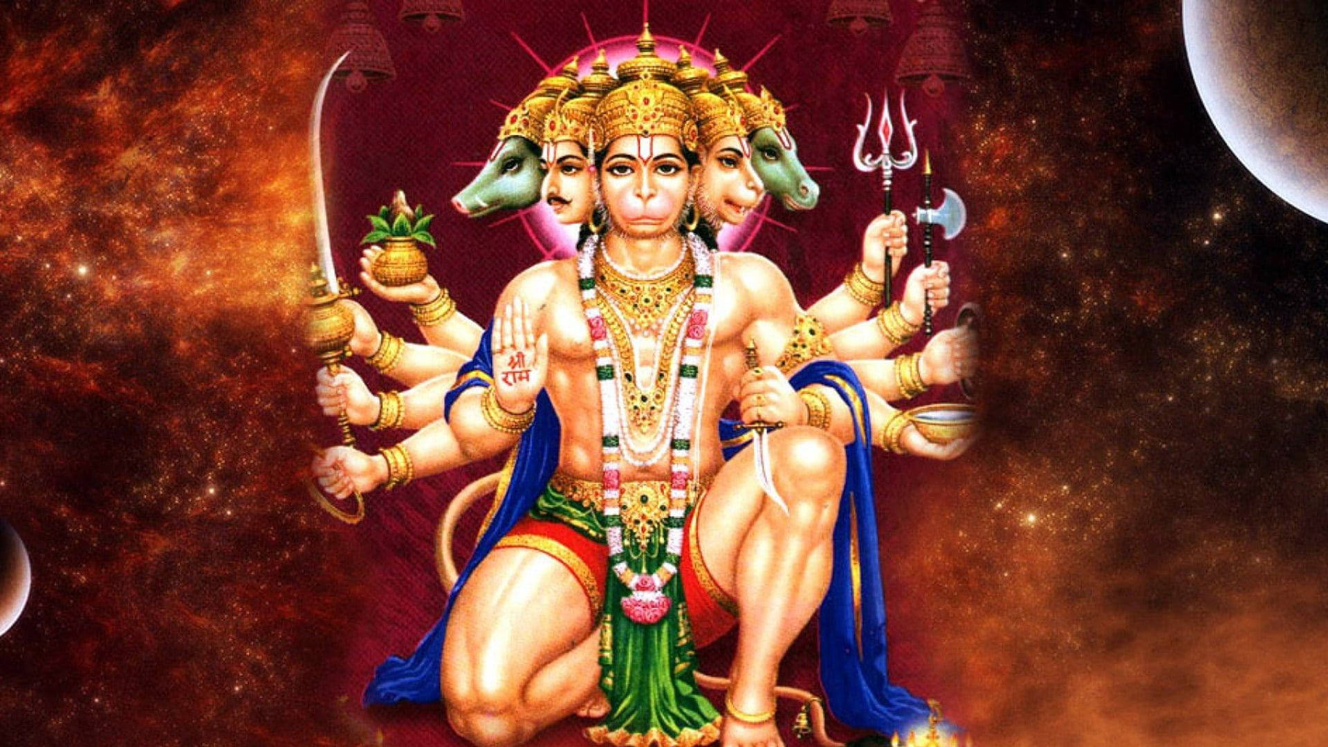 lord hanuman 桌布 壁紙 — 一位多臂印度教神祇，帶有動物頭顱，威嚴地坐在宇宙星空中，手持神聖武器和象徵物。