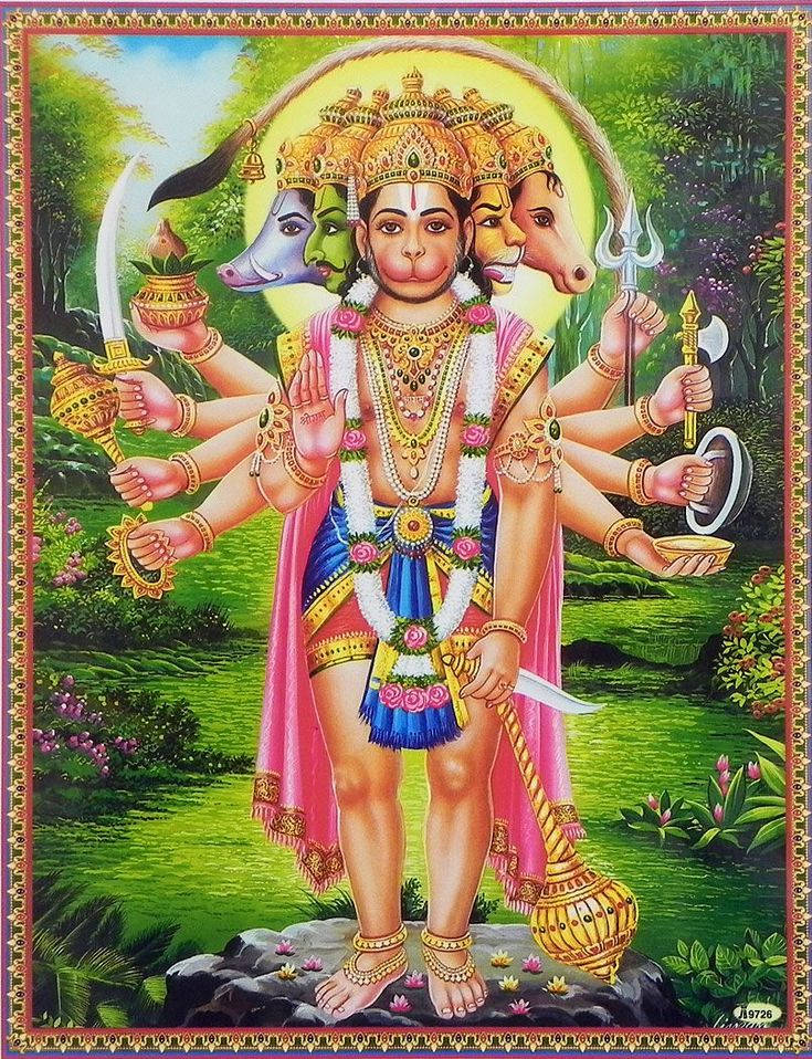 hanuman art 桌布 壁紙 — 一位多臂印度教神祇，擁有動物頭顱，佩戴珠寶，身穿粉紅長袍，立於翠綠花園中。