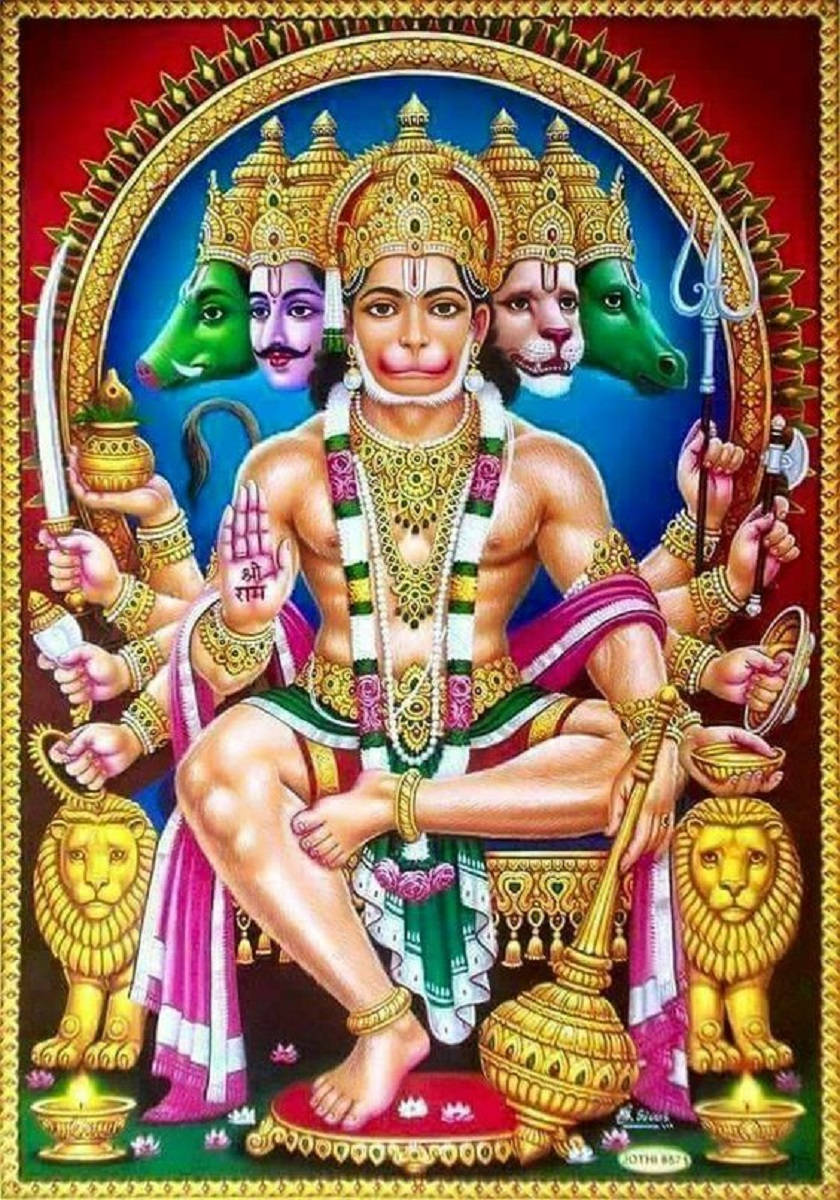 hanuman art 桌布 壁紙 — 一位多臂印度教神祇，擁有四張臉，威嚴地坐在由金色獅子護衛的寶座上，手持神聖武器和象徵，背景是耀眼的紅色和藍色。