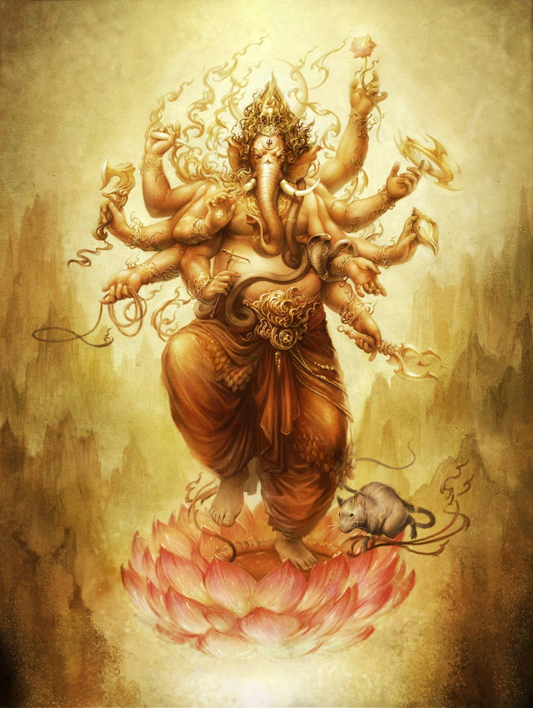 Ganesh 桌布 壁紙 — 一位多臂印度教神祇，象頭，立於粉紅蓮花上，手持象徵物品，腳邊有一隻老鼠。