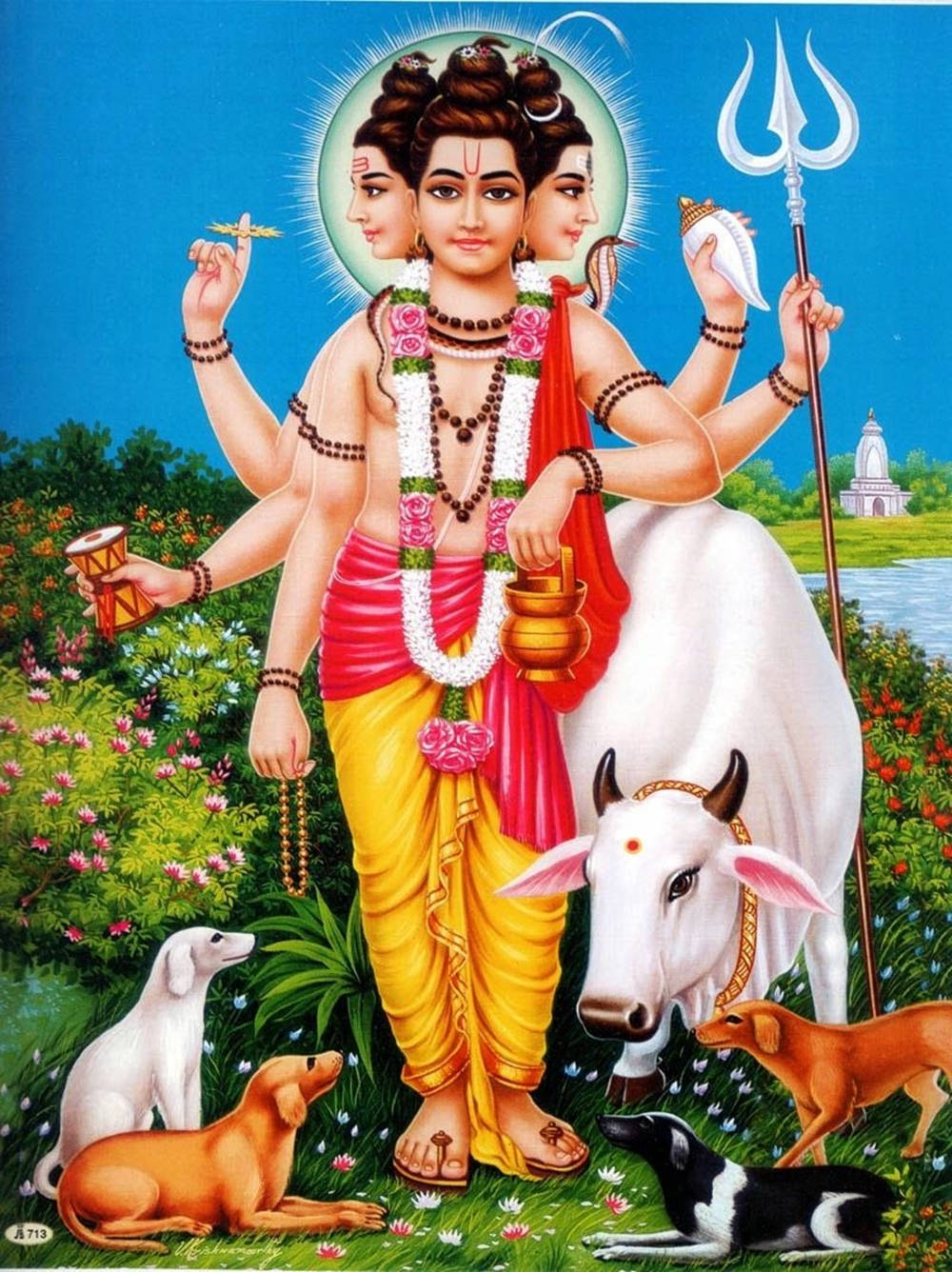Indian 桌布 壁紙 — 一位多臂印度教神祇帶著光環，站在一頭白牛和狗旁邊，身處晴朗藍天下的生機勃勃花園中。
