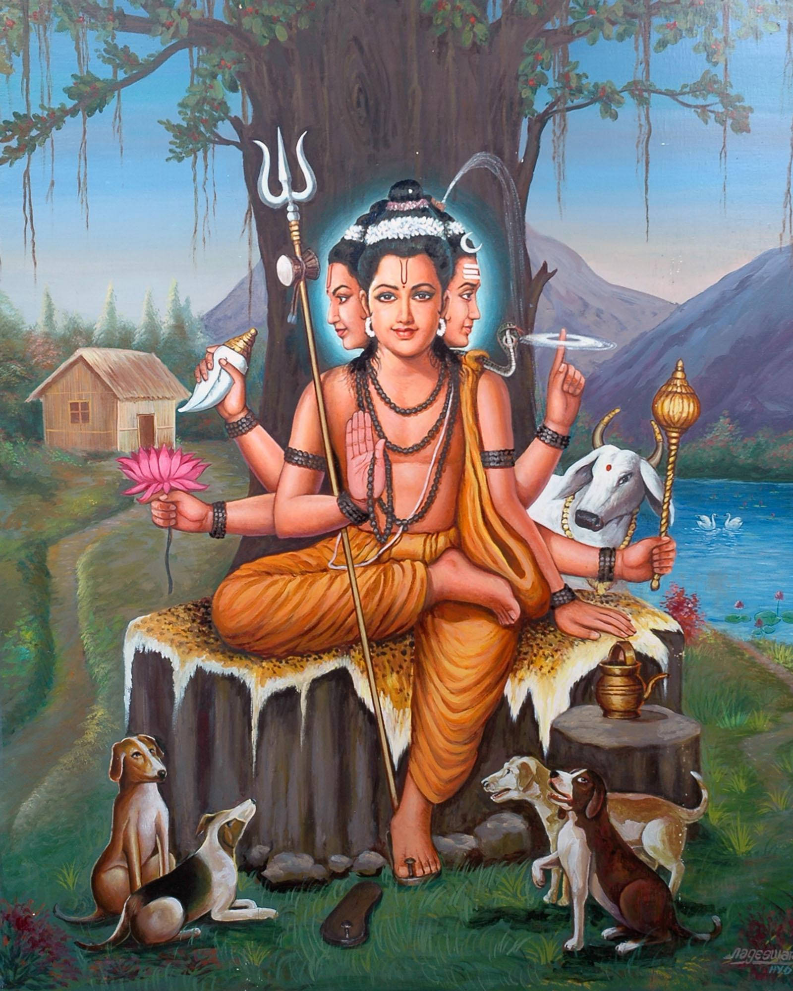 Hindu God 桌布 壁紙 — 一位多臂印度教神祇手持三叉戟和法螺，在湖邊的樹下與狗和一頭公牛寧靜地坐著。