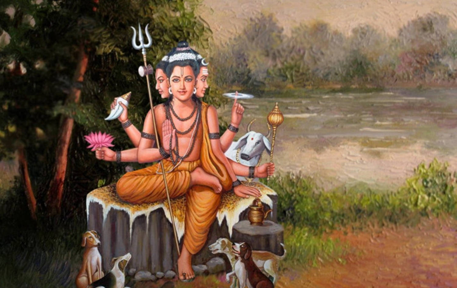 Indian 桌布 壁紙 — 一位多臂印度教神祇手持三叉戟和粉紅蓮花，安詳地坐在河邊的石王座上，腳邊有狗。