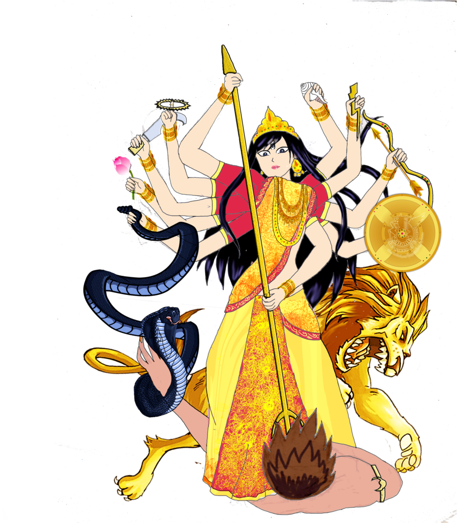 Durga 桌布 壁紙 — 一位多臂女神身穿金色服飾，勝利地站在被擊敗的人物之上，兩側有一頭咆哮的獅子和一條盤繞的蛇，背景是繁星點點的夜空。