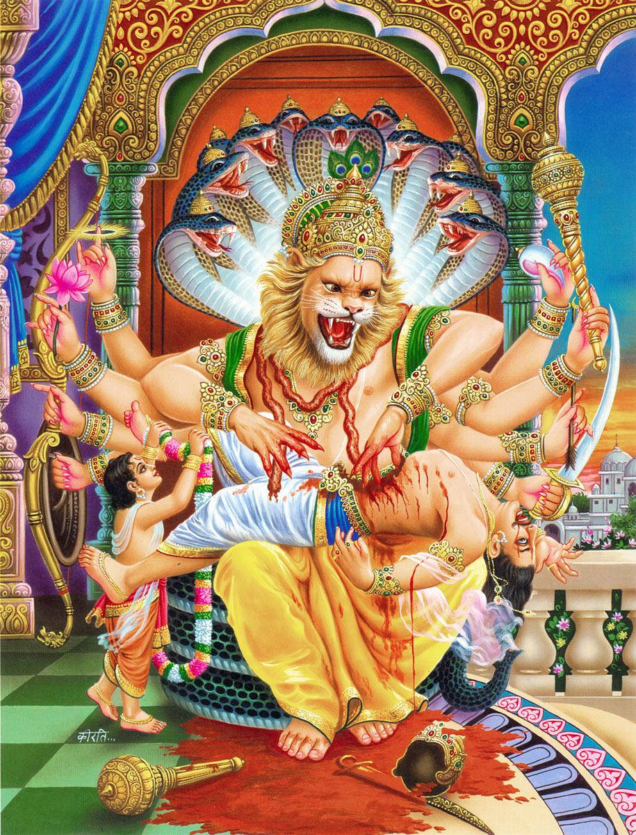 Indian 桌布 壁紙 — 一位多臂獅頭神祇戴著眼鏡蛇王冠，勝利地坐在寶座上，手持武器和一個孩子，周圍是華麗的建築和血跡。
