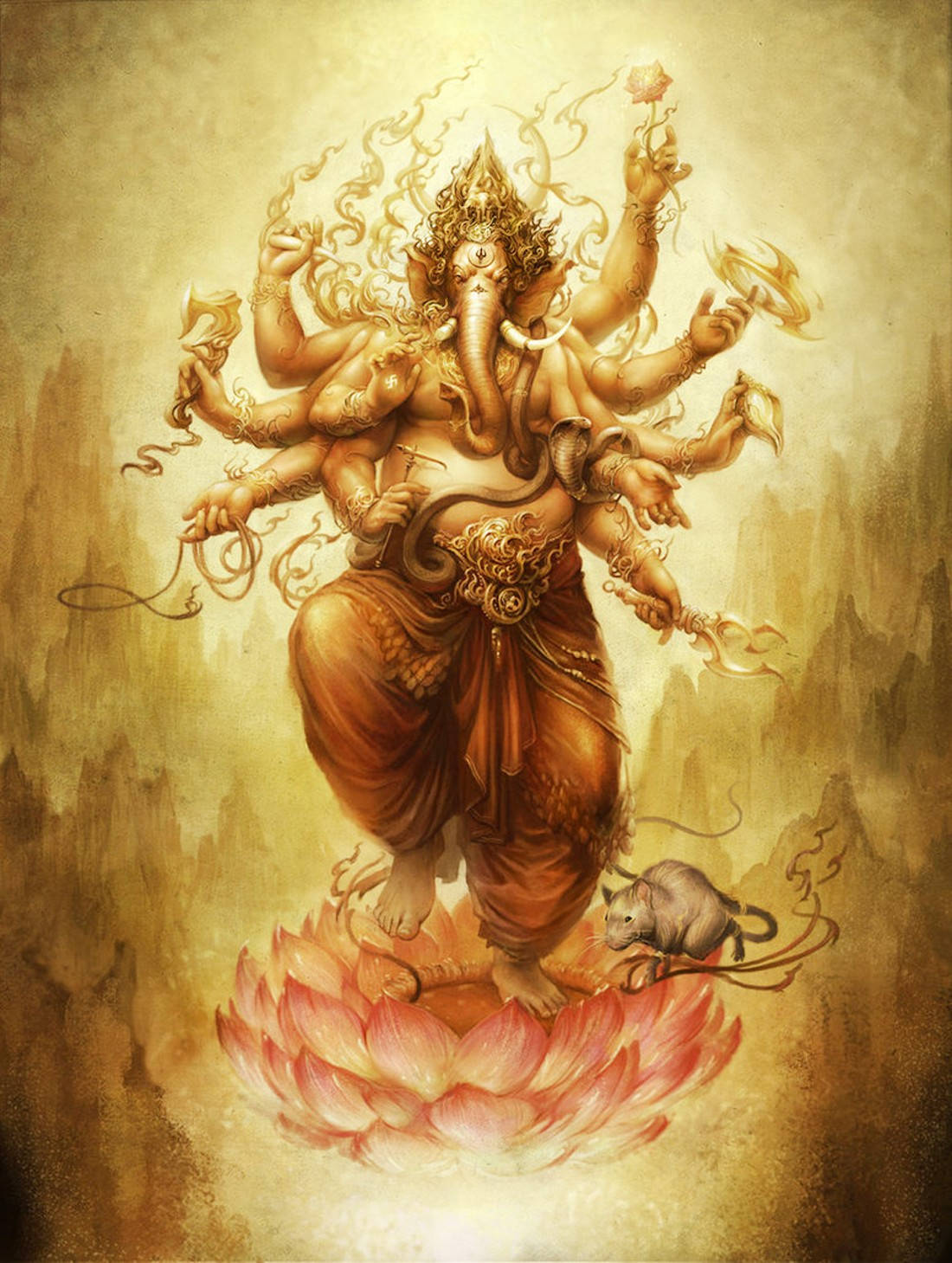 ganesh iPhone 桌布 壁紙 — 一位多臂的印度教神祇，象頭，站在發光的粉紅色蓮花上，腳邊有一隻老鼠。